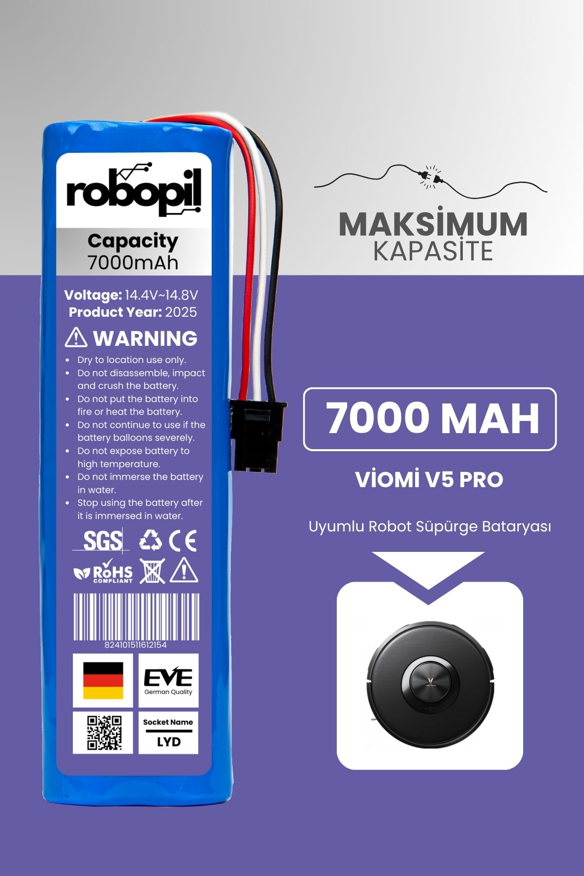 ROBOPİL Viomi V5 Pro Uyumlu Batarya (MAKSİMUM KAPASİTE) 7000mah Pil Robot Süpürge Bataryası Değişimi