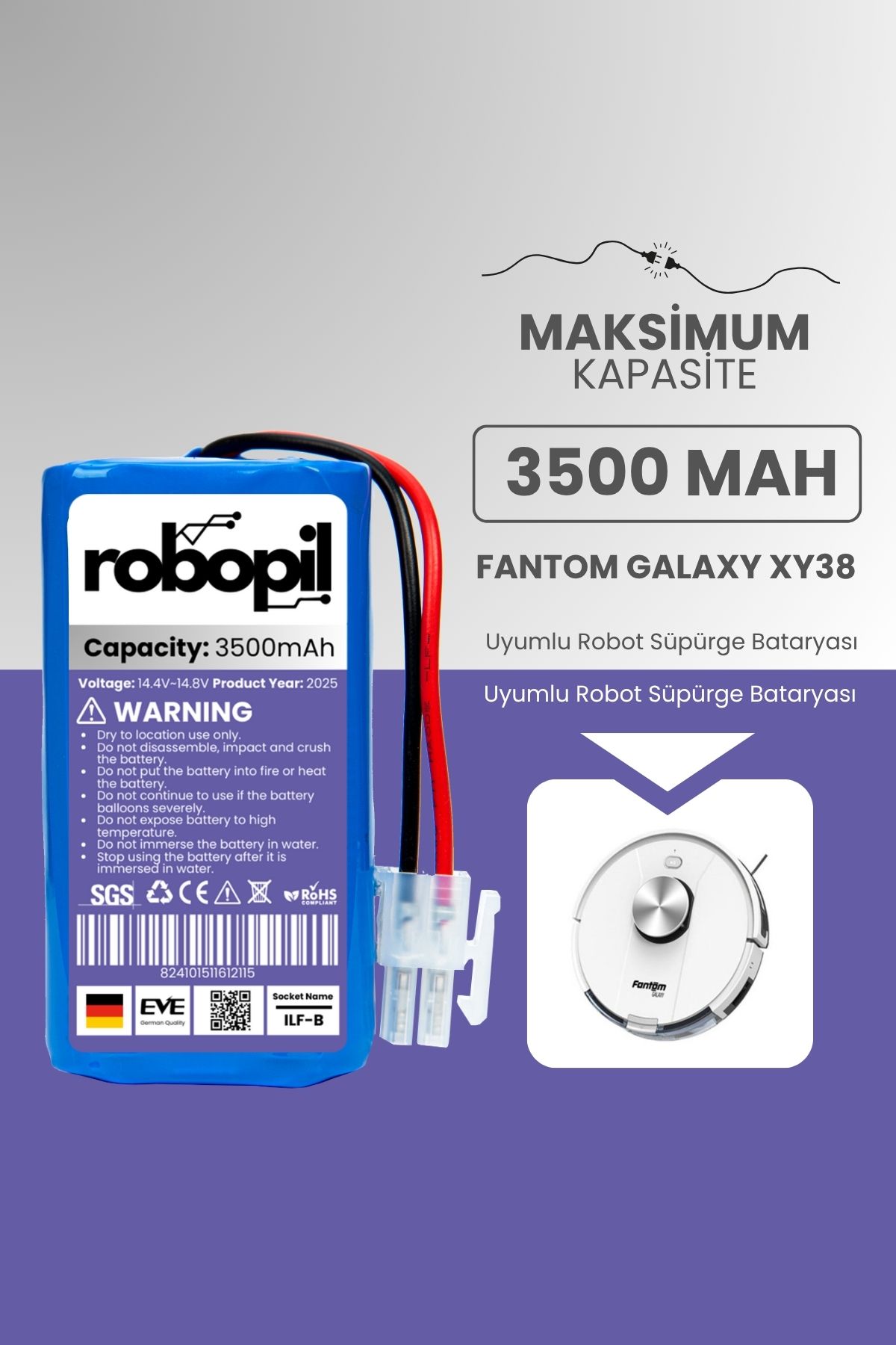 ROBOPİL Fantom Galaxy XY38 Pil Batarya [Maksimum Kapasite] 3500mah Akıllı Robot Süpürge Bataryası Değişimi
