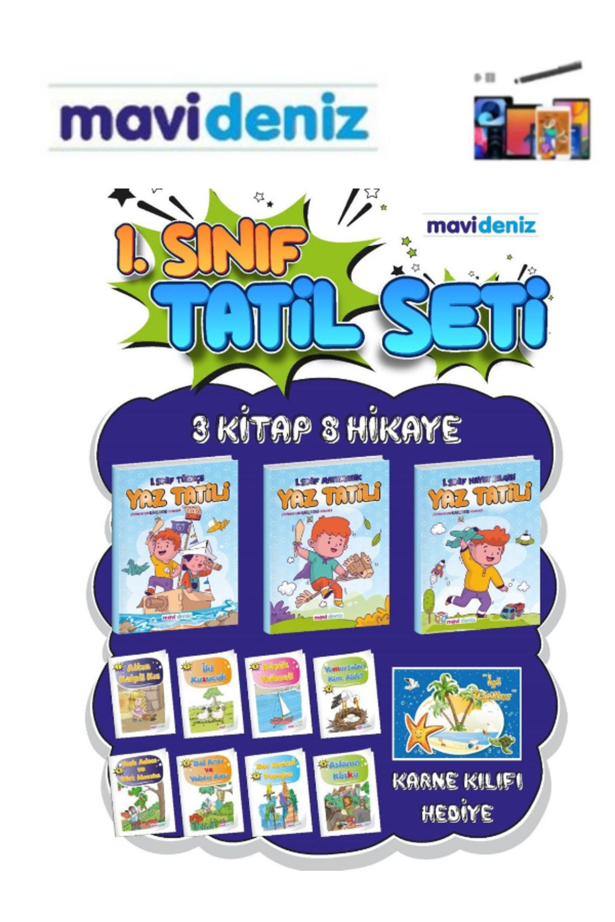 Fenomen Yayıncılık Mavi Deniz 2024 1.Sınıf Yaz Tatil Seti (3 Kitap 8 Parça)(Karne Hediyeli)+Dokunmatik Kalem