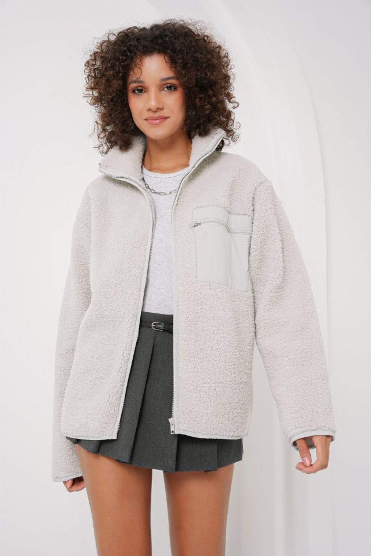 ETİLER COLLECTION 55446 Fermuarlı Oversize Peluş Ceket - Taş