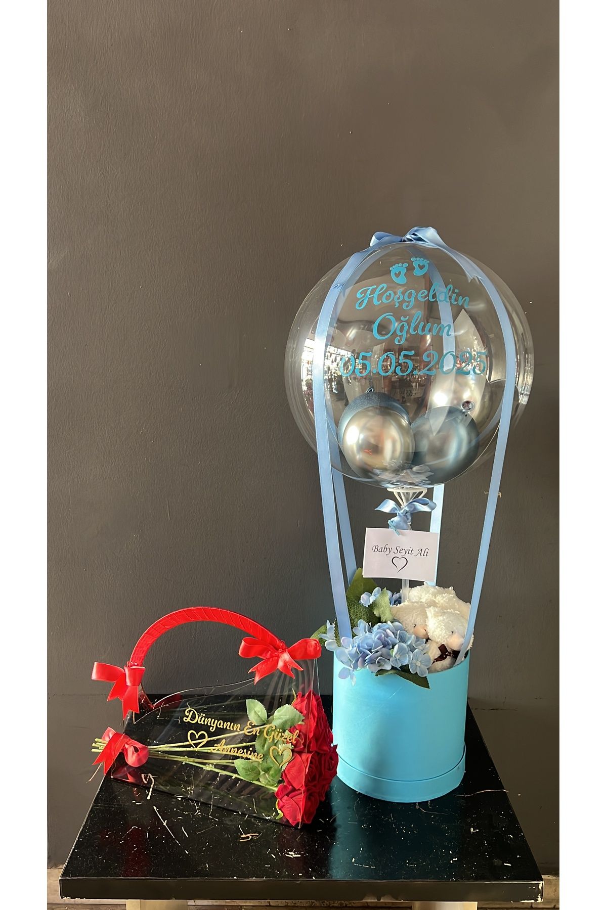 GözdeParti Balon Kutusu - Yenidoğan Erkek Anne ve Bebek Balon Kutusu Kişiye Özel - Yenidoğan Hediyelik !!!