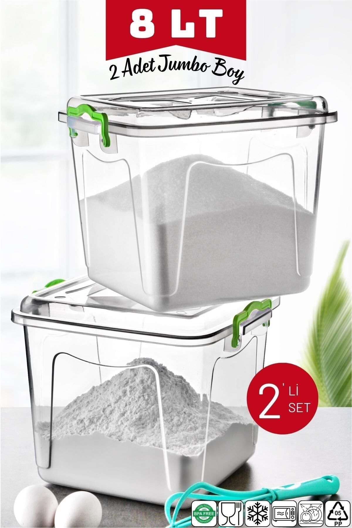 teknotrust 8 Lt Jumbo Kare Kaplar, Şeffaf, 2'li Set, Un, Şeker, Bakliyat için ideal