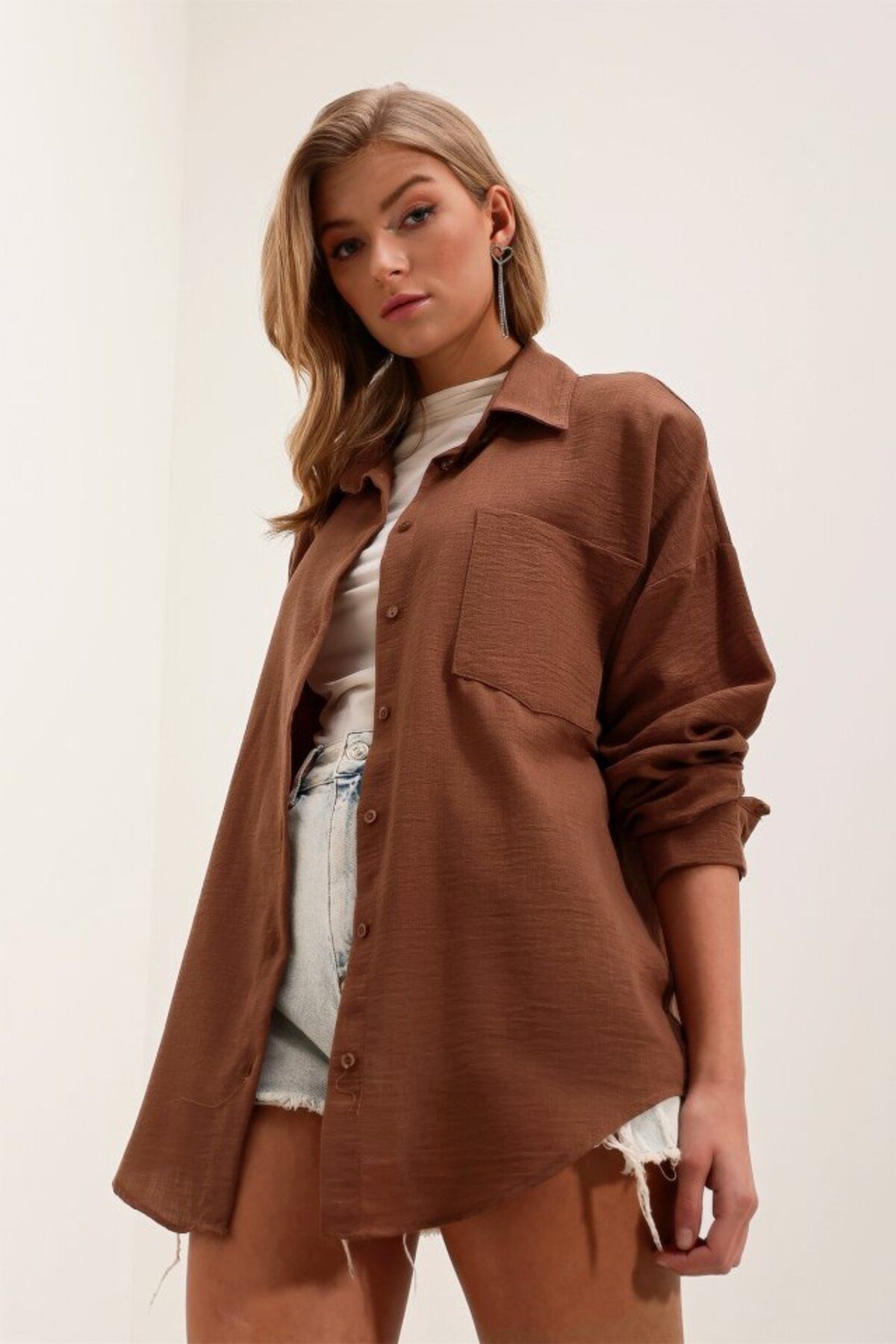 ETİLER COLLECTION 20153 Tek Cepli Oversize Keten Gömlek - Kahverengi