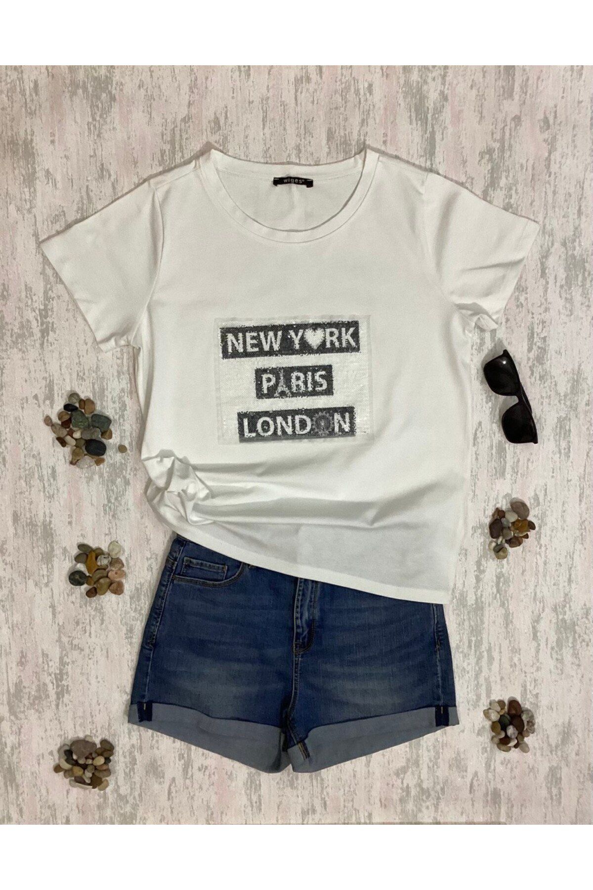 Wiges Kadın Bisiklet Yaka güpürlü Özel Tasarım T-shirt