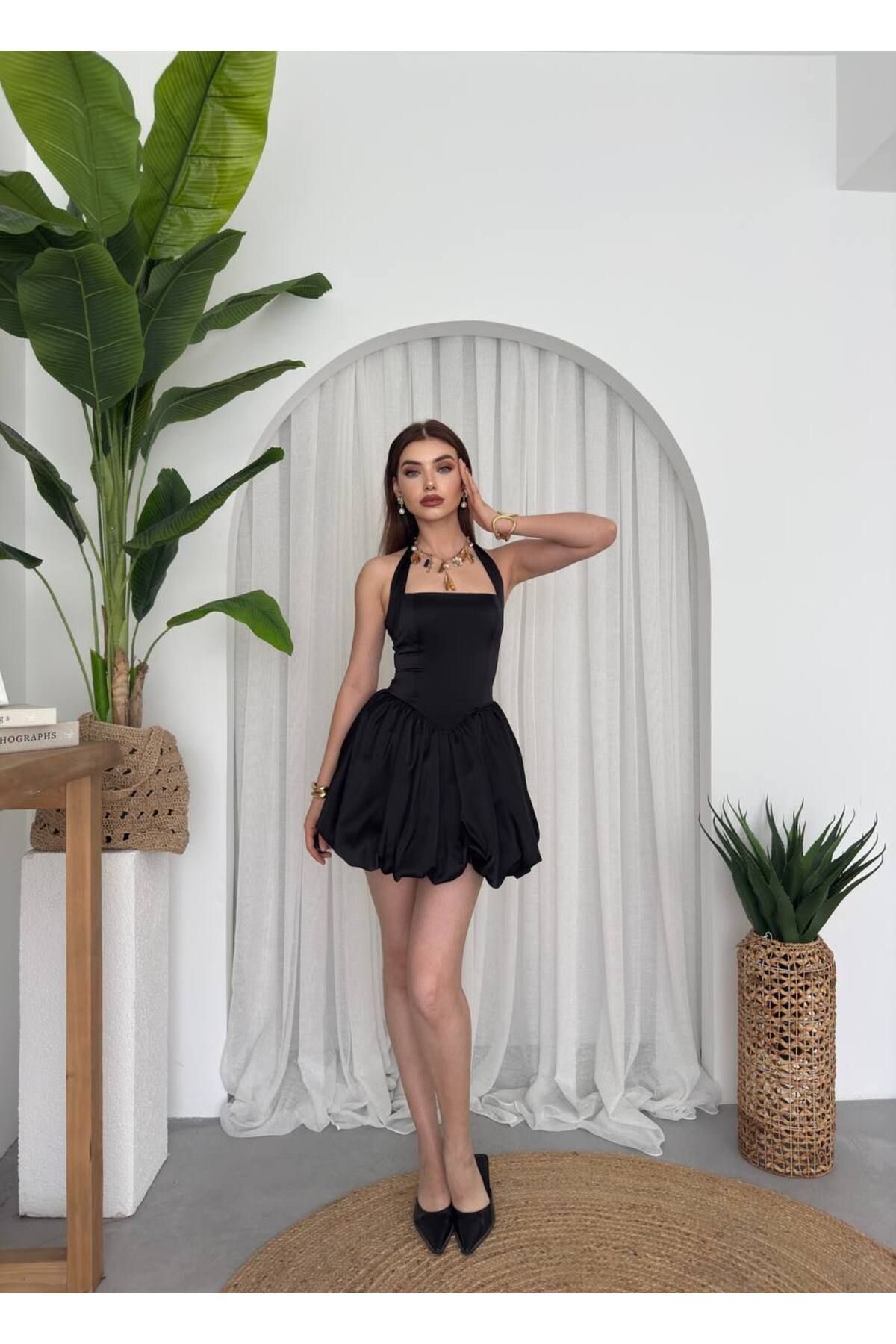 ETİKAFASHION Saten Tasarım Balon Etek Boyundan Bağlamalı Kadın Mini Elbise