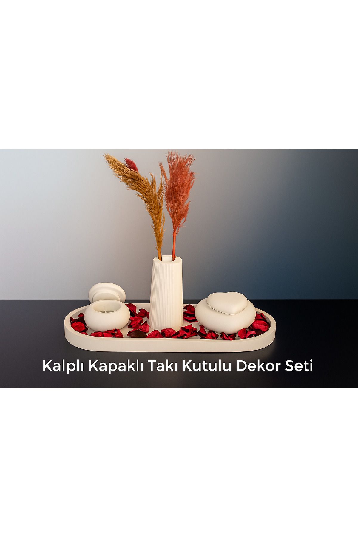Store KALPLİ KAPAKLI TAKI KUTULU DEKOR BİBLO SETİ+3 ADET PAMPAS+ 1 ADET TEALİGHT MUM HEDİYE