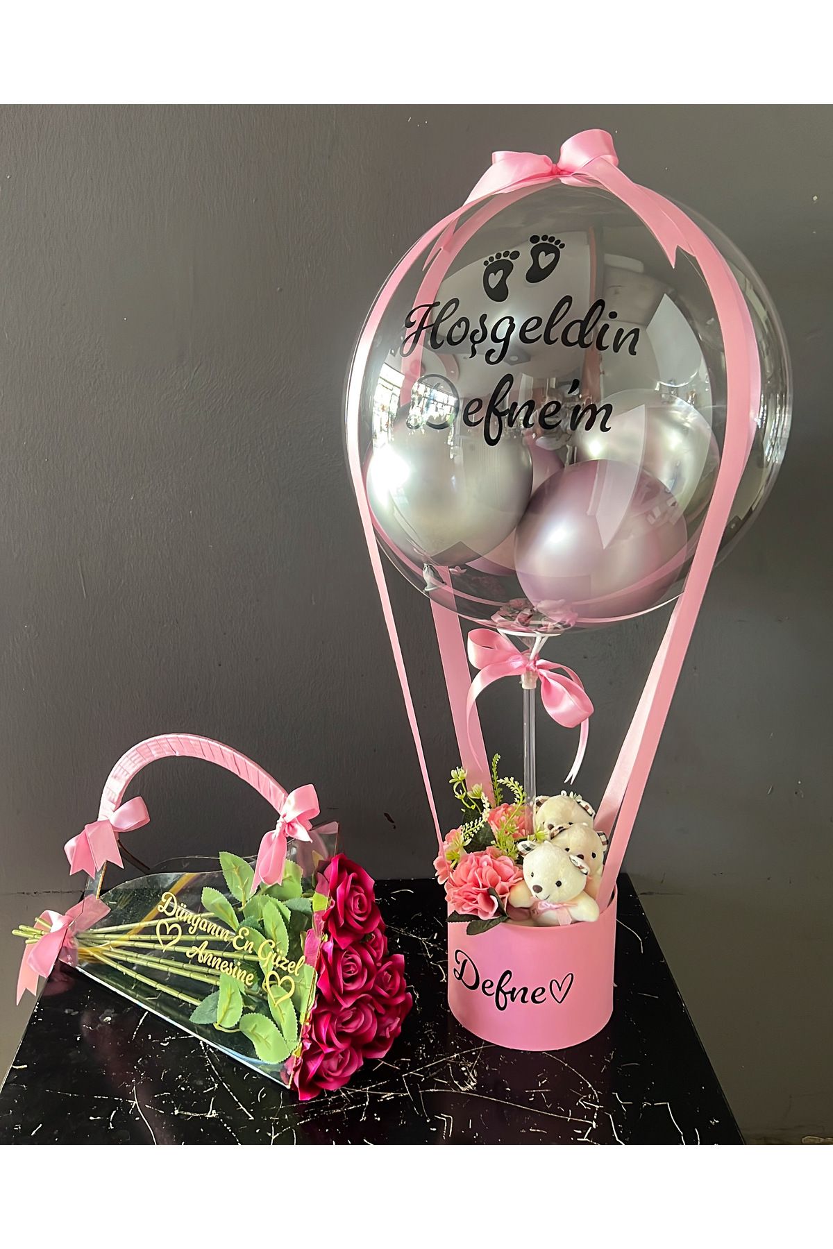 GözdeParti Balon Kutusu -Yenidoğan Kız Bebek ve Anne Hediyesi Balon Kutusu Kişiye Özel- Yenidoğan Hediyelik !!!