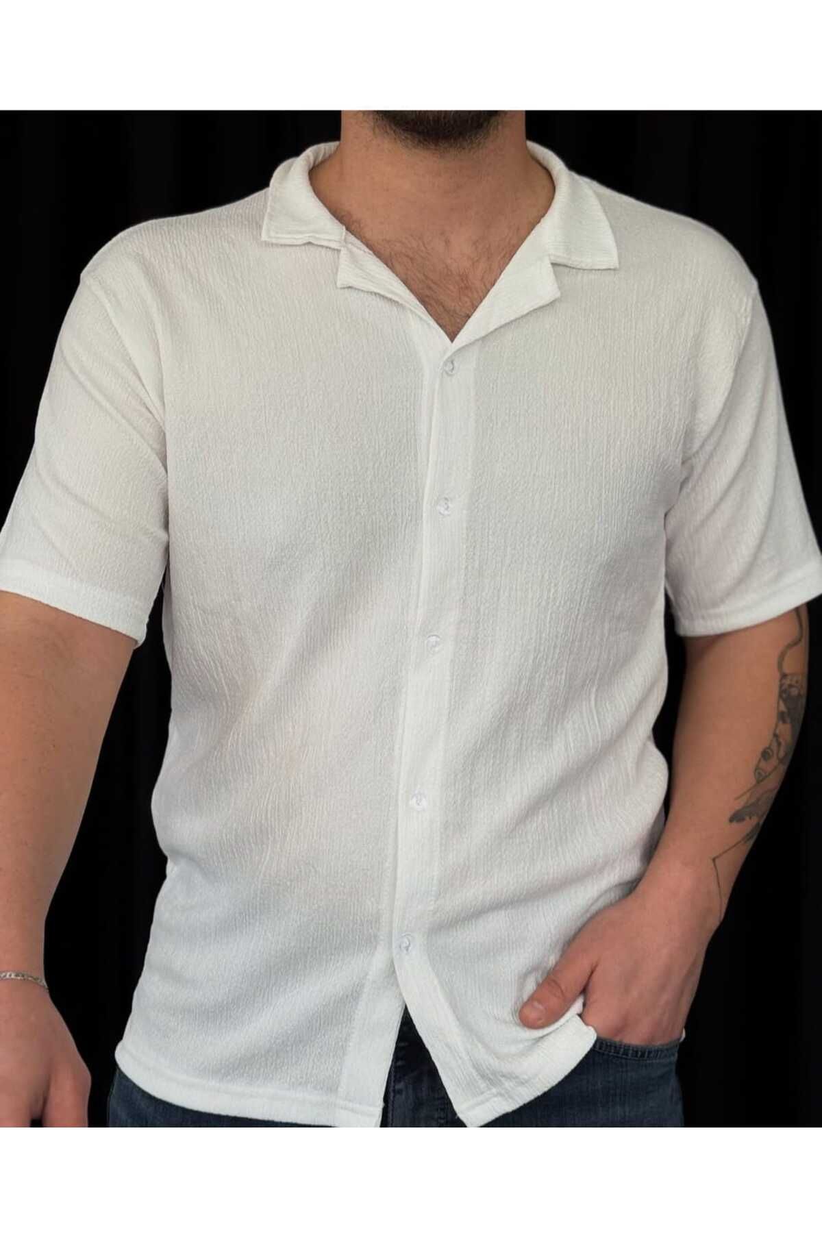 DWN WEAR Bürümcük Krinkıl Kumaş Yazlık Likralı Unisex Kadın KISA Kol Gömlek
