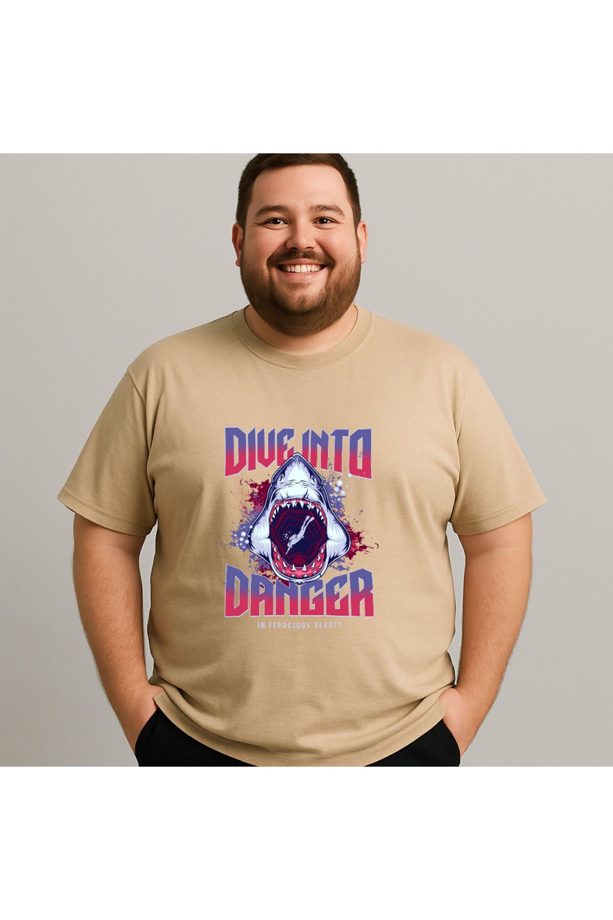 DogFish Bej DiveIntoDanger Baskılı Tişört Soft Dokunuş