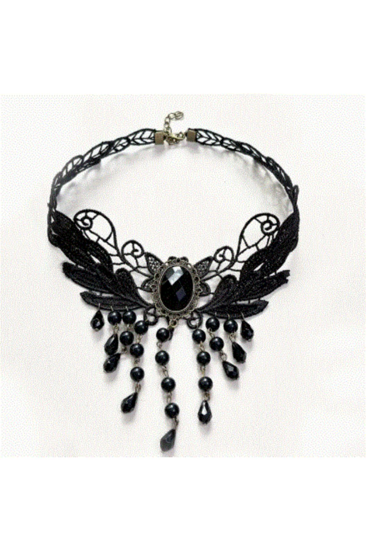 modares Vintage Siyah Dantel Gotik Kolye - Dantel Choker Kolye Ayarlanabilir Zincir,