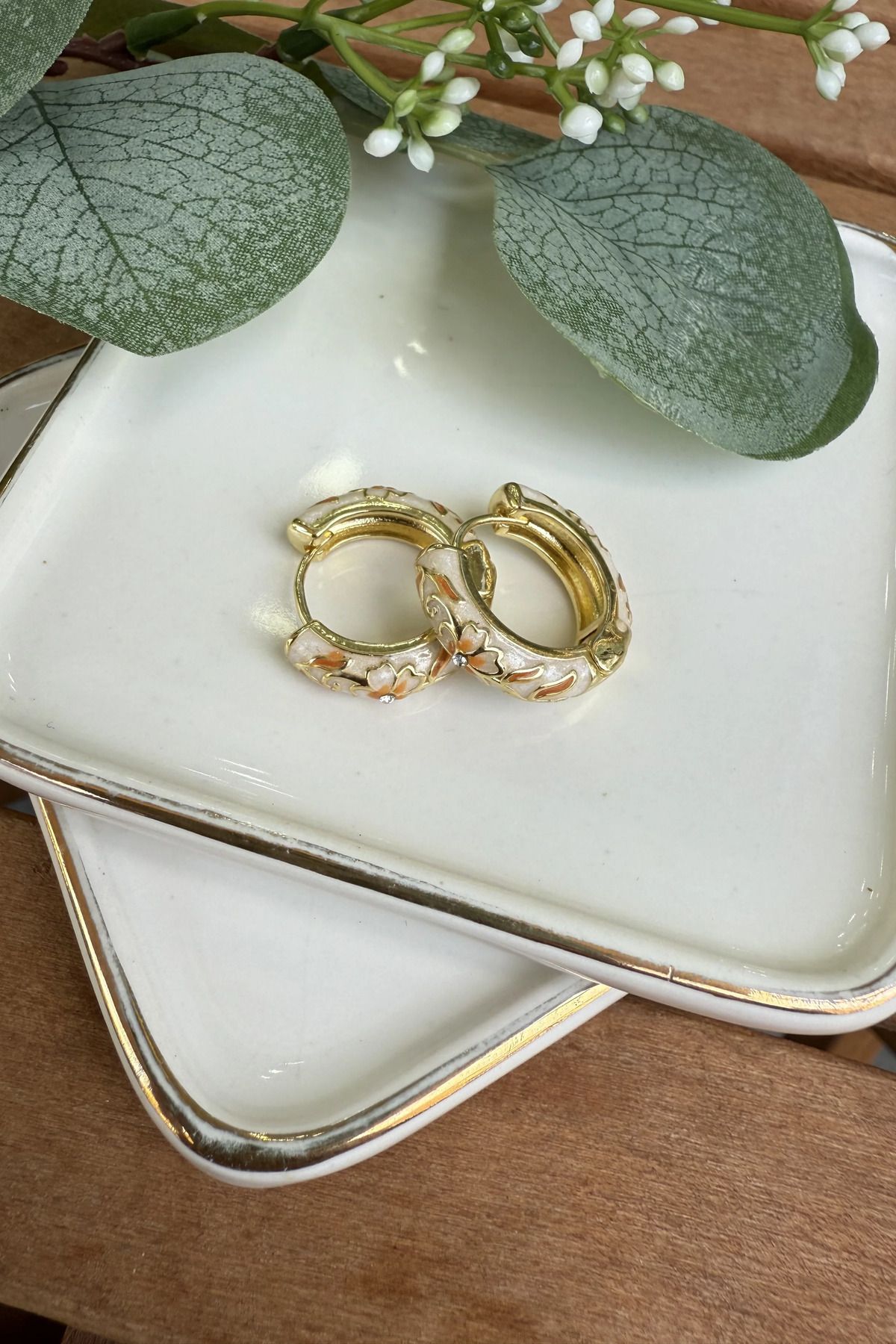 AURA ATELIER 14K Altın Kaplama Somon & Krem Mineli Lisa Küpe