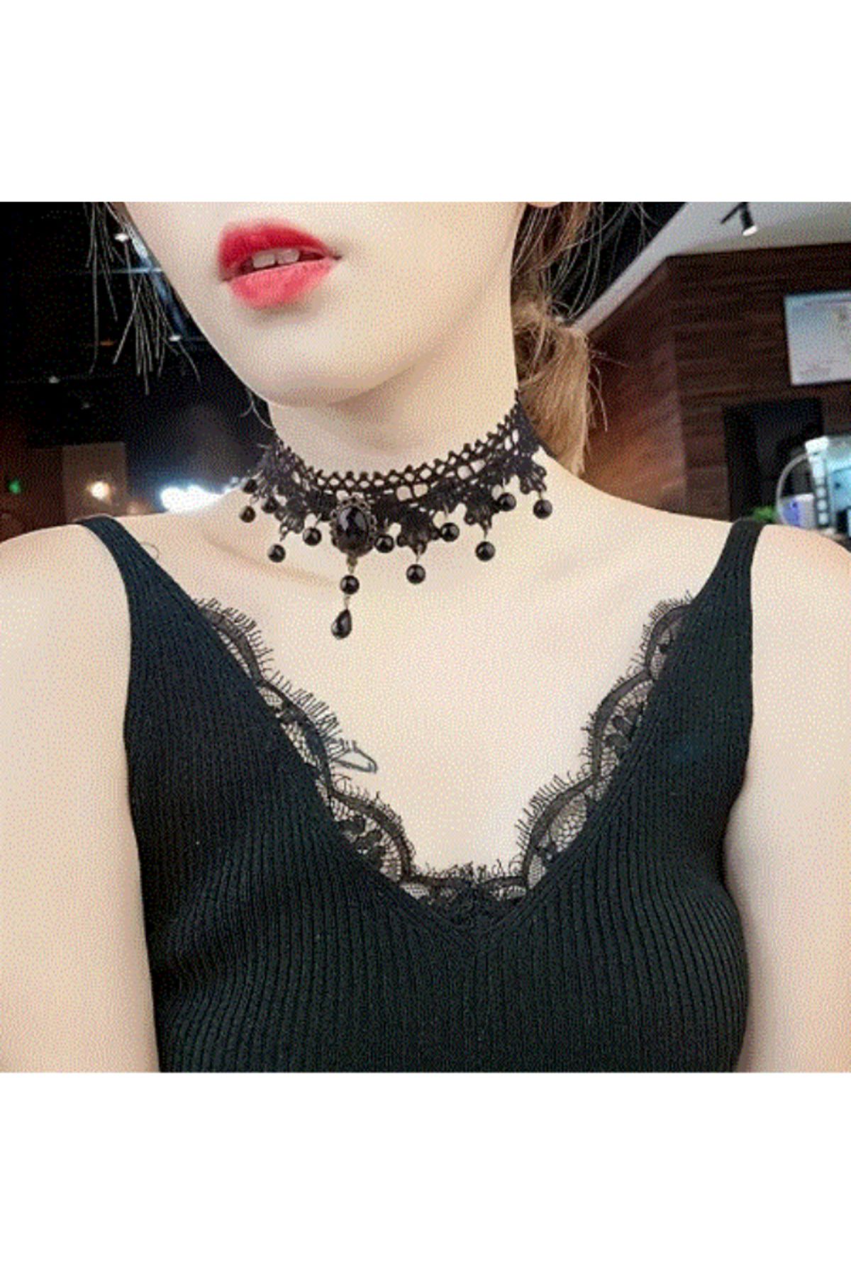 modares Vintage Siyah Dantel Gotik Kolye - Dantel Choker Kolye Ayarlanabilir Zincir,
