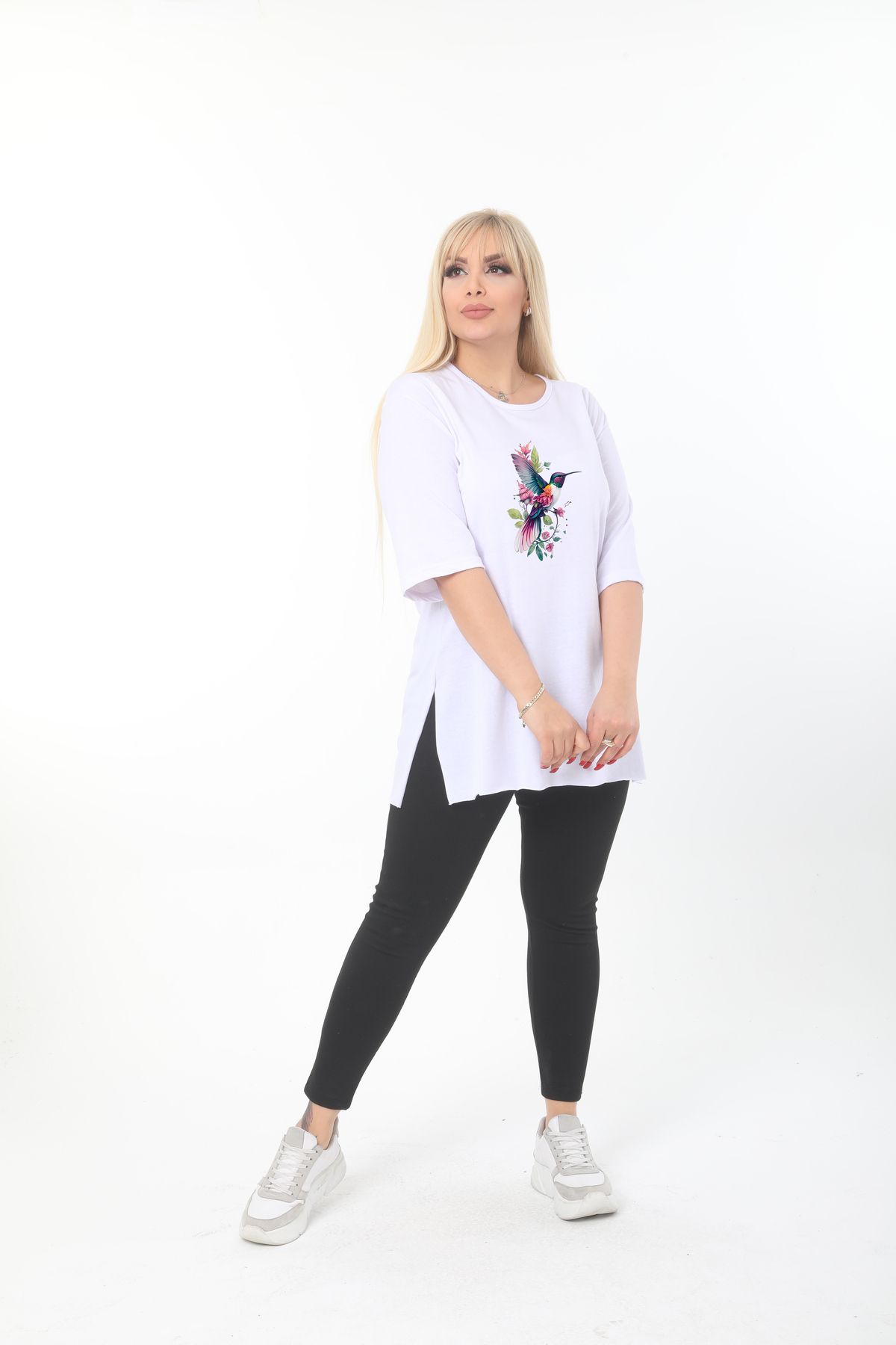 ÇİFTXL Büyük Beden Örme Viskon Beyaz Baskılı Salas T-shirt