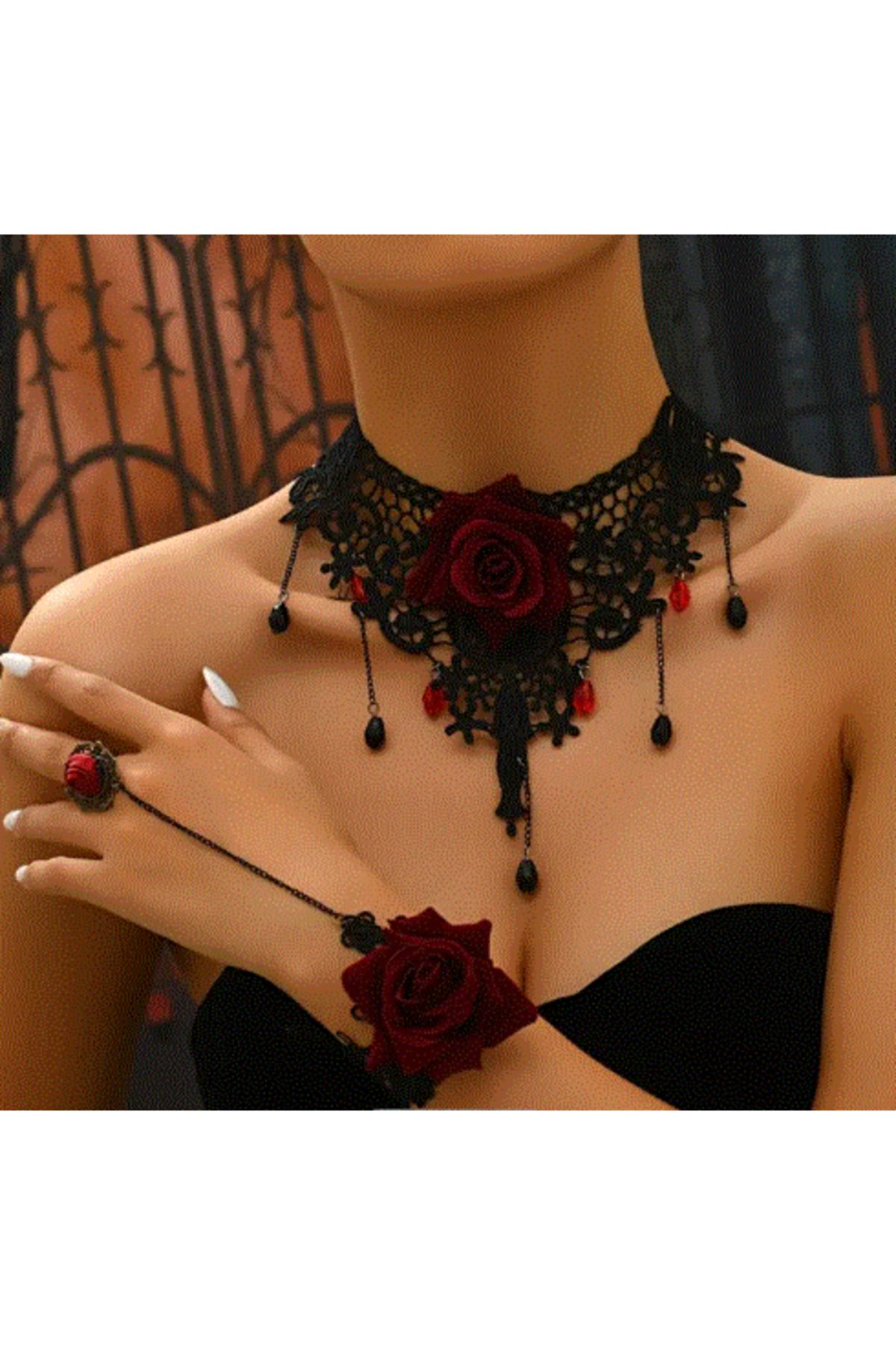 modares Vintage Siyah Dantel Gotik Kolye - Dantel Choker Kolye Ayarlanabilir Zincir,