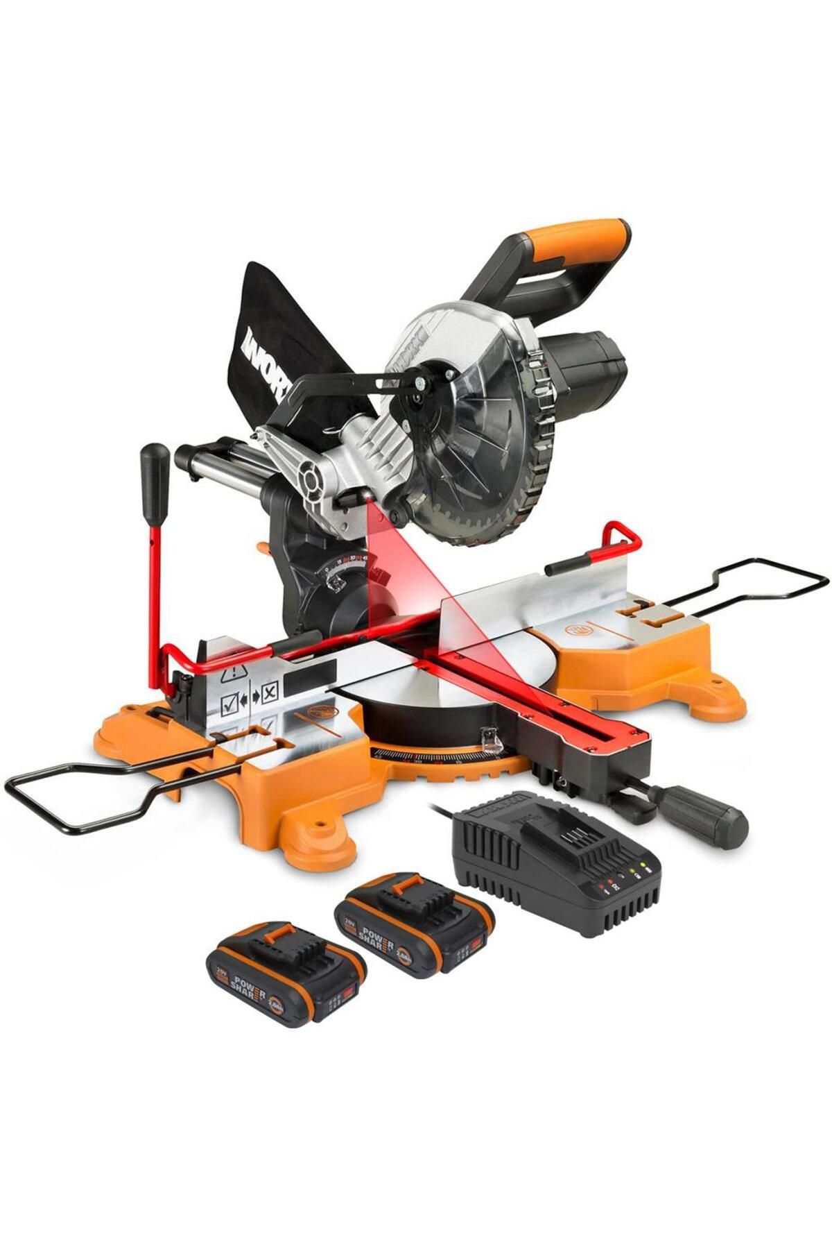 Pazarcan Worx Wx845.9Cb 20Volt/2.0Ah Li-Ion Çift Akülü Şarjlı 216Mm Profesyonel Kızaklı Gönye Kesme