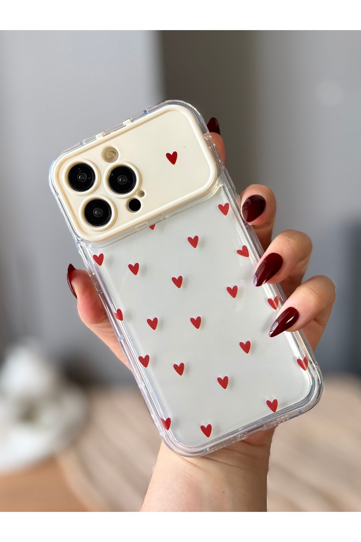 MirazTasarim IPHONE 14 PRO AYNALI KAPAKLI ŞEFFAF KALP DESENLİ KILIF