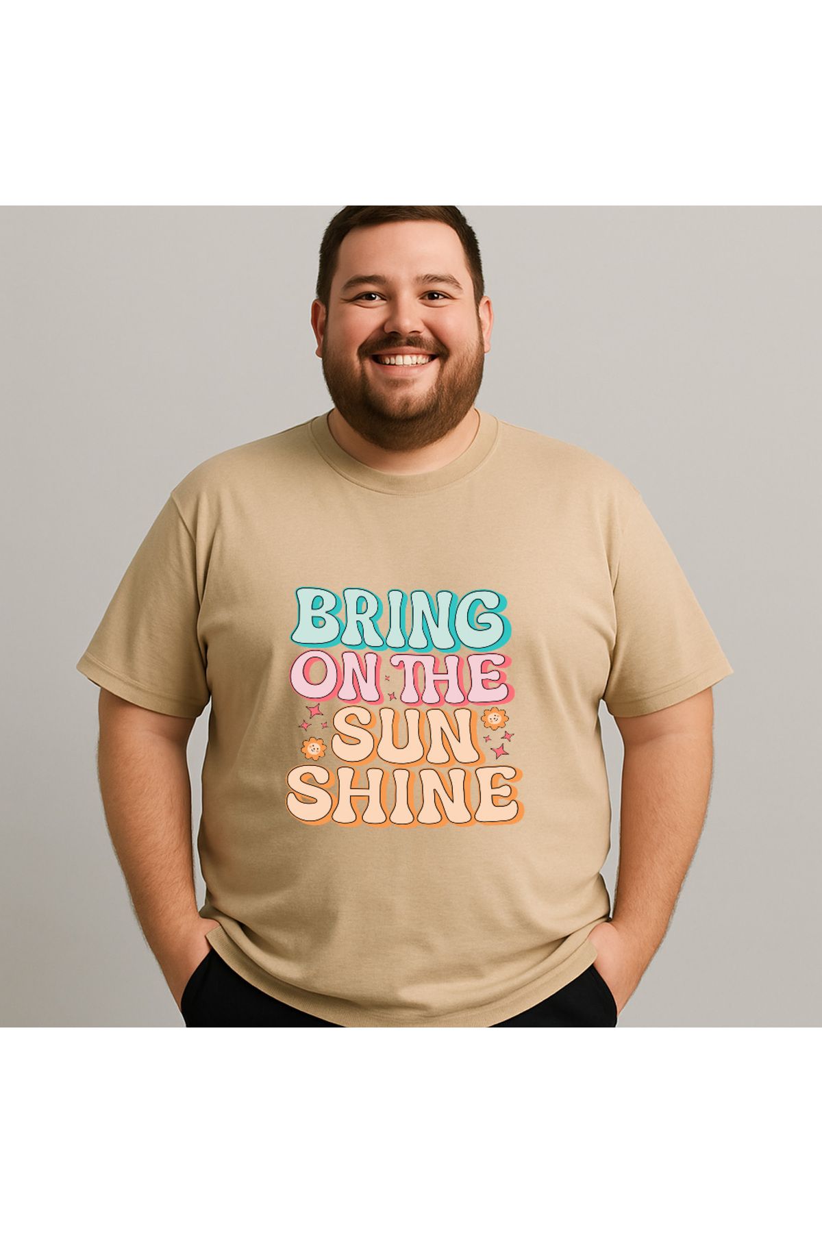 DogFish Bej BringOnSunshineSummerRetroBeachTshirt Baskılı Tişört %100 Pamuk Konforu