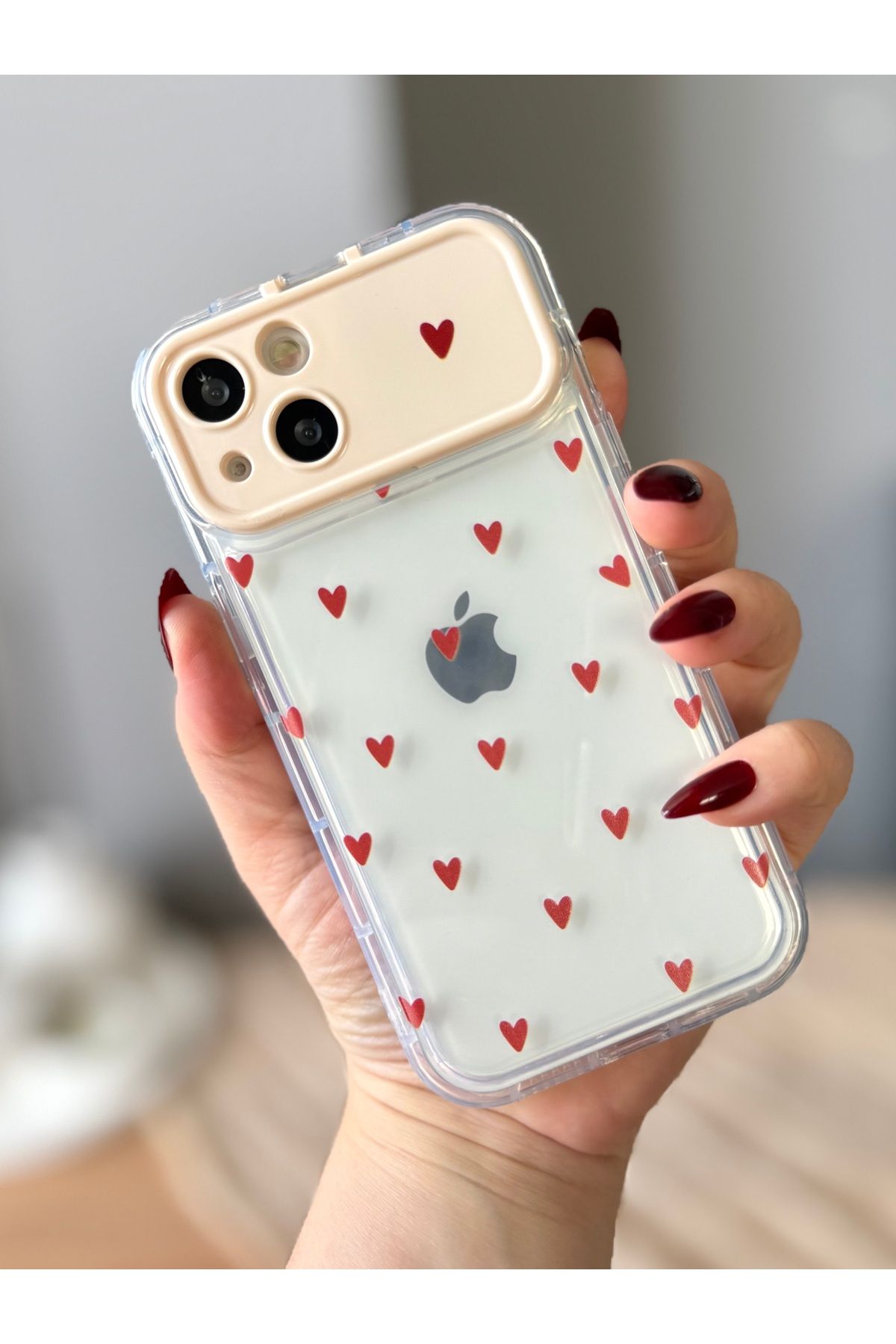 MirazTasarim IPHONE 13 AYNALI KAPAKLI ŞEFFAF KALP DESENLİ KILIF