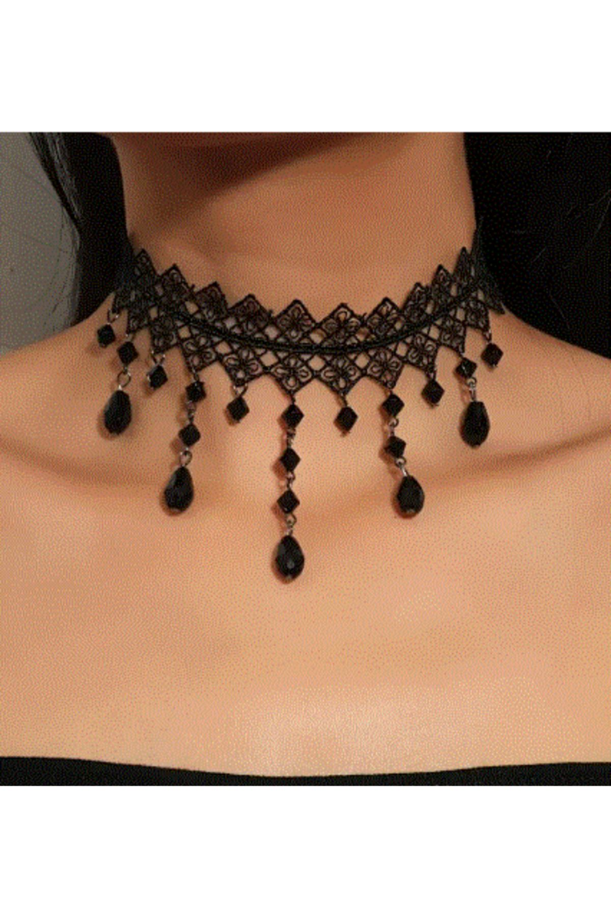 modares Vintage Siyah Dantel Gotik Kolye - Dantel Choker Kolye Ayarlanabilir Zincir,