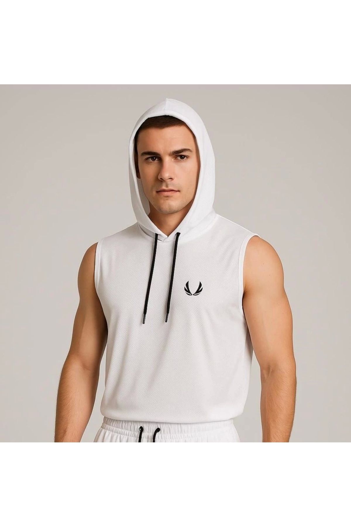 daniel milano Erkek Lette Kapüşonlu Armalı Esnek Kolsuz Beyaz T-Shirt