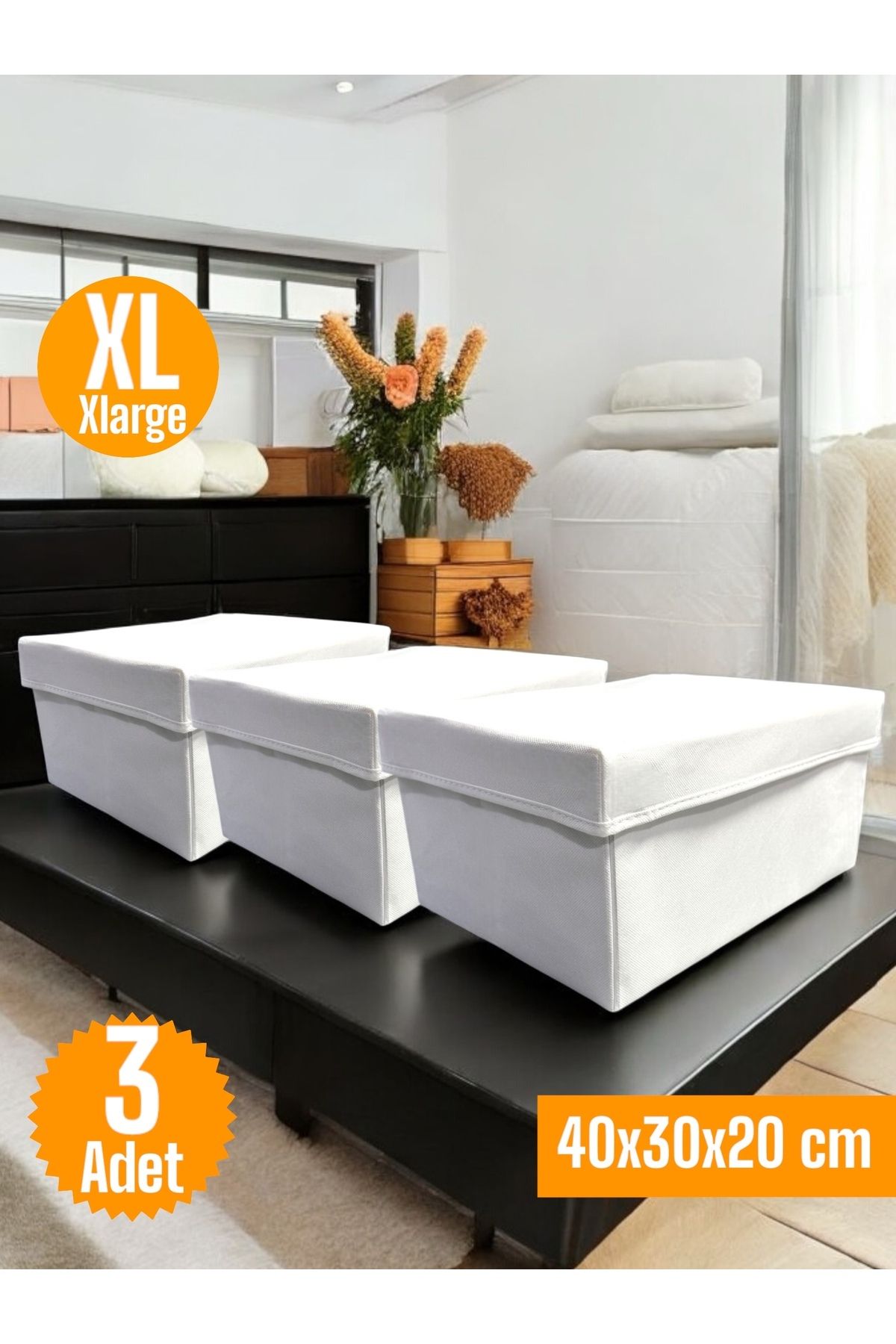 teknotrust Beyaz Çok Amaçlı Kapaklı Dolap İçi Düzenleyici Kutu XLarge 40x30x20 cm 3'lü