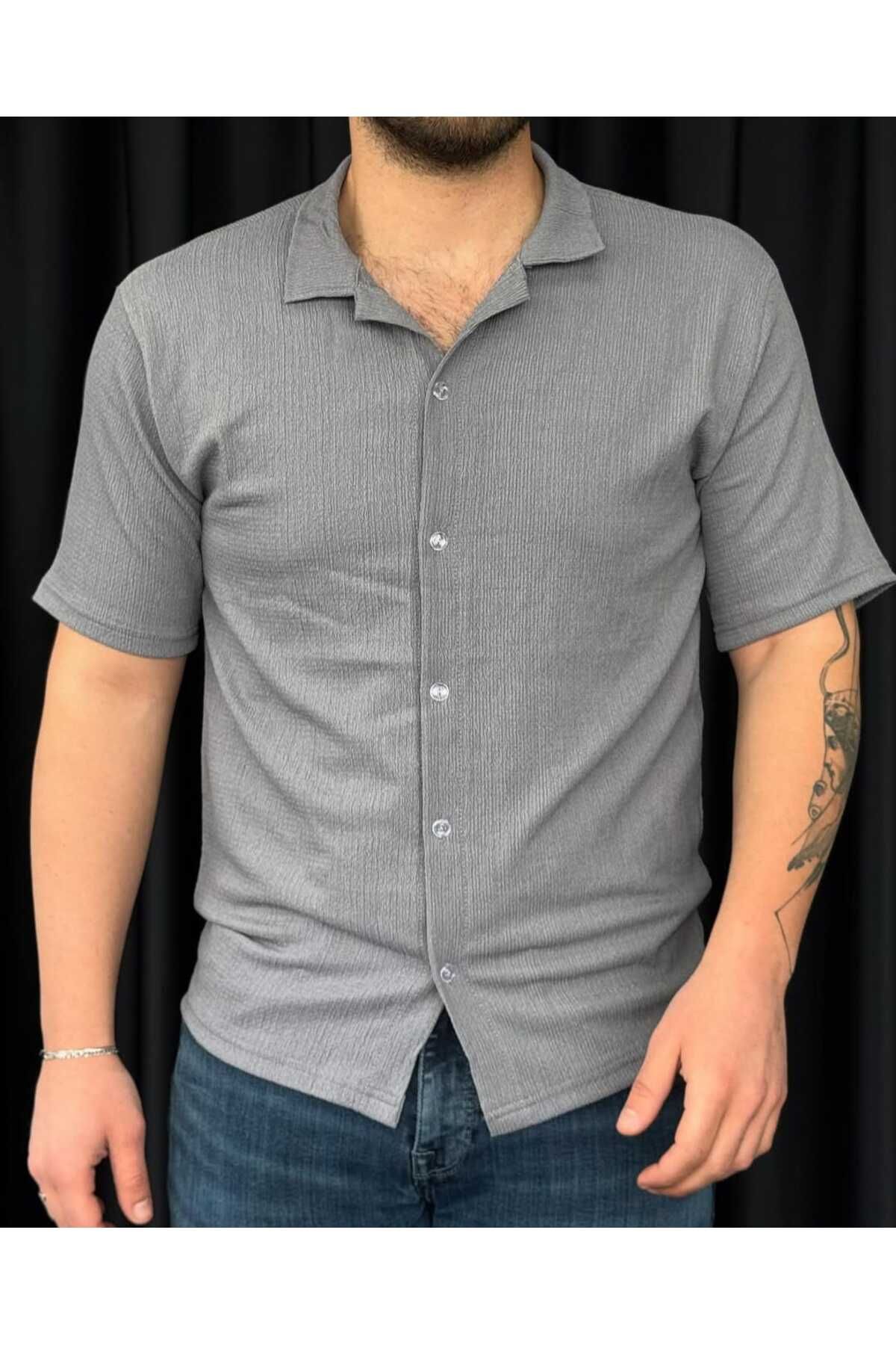 DWN WEAR Bürümcük Krinkıl Kumaş Yazlık Likralı Unisex Kadın KISA Kol Gömlek