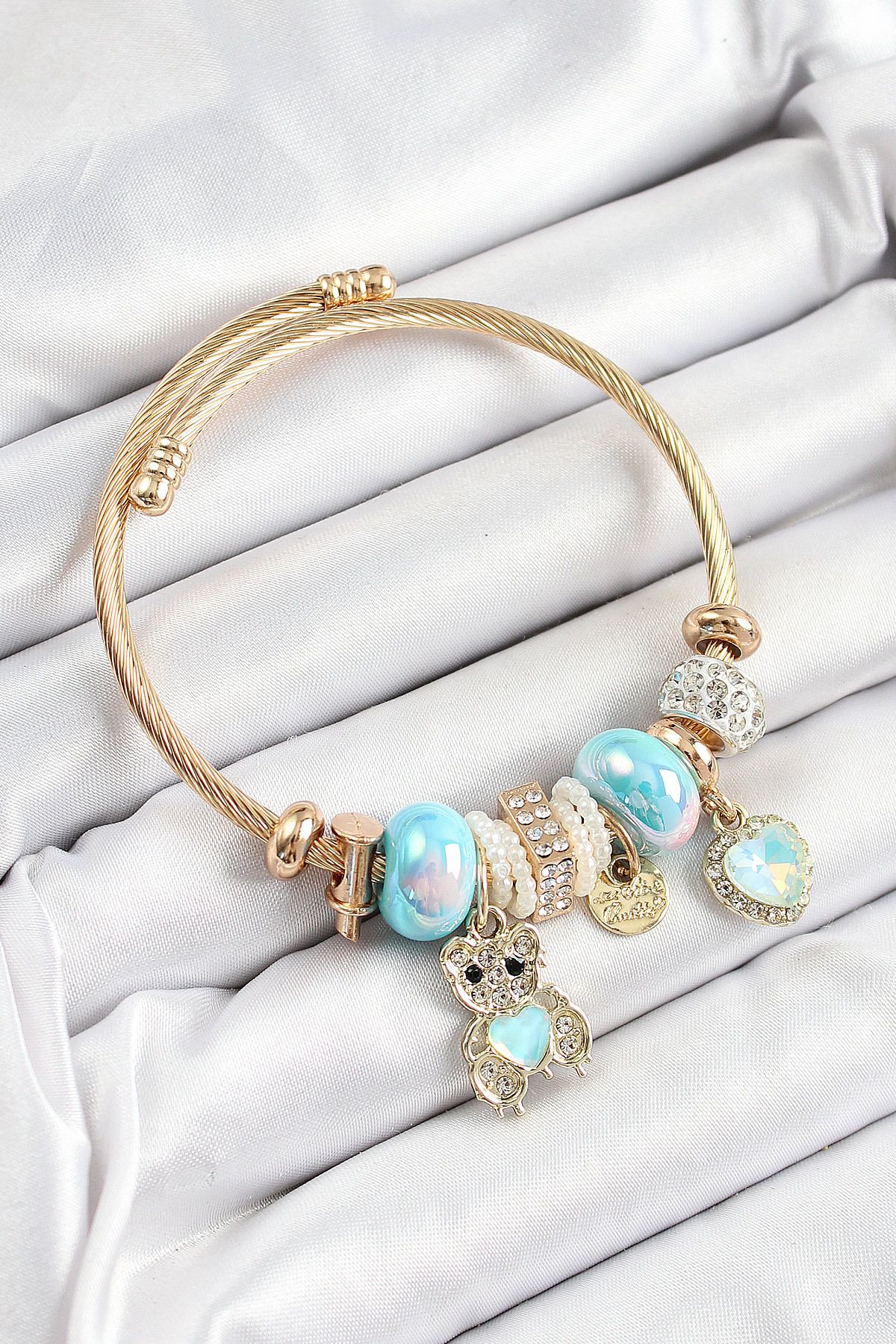 Clariss 316L Çelik Mavi Zirkon Taşlı Ayıcık Ve Kalp Model Gold Renk Charm Bileklik