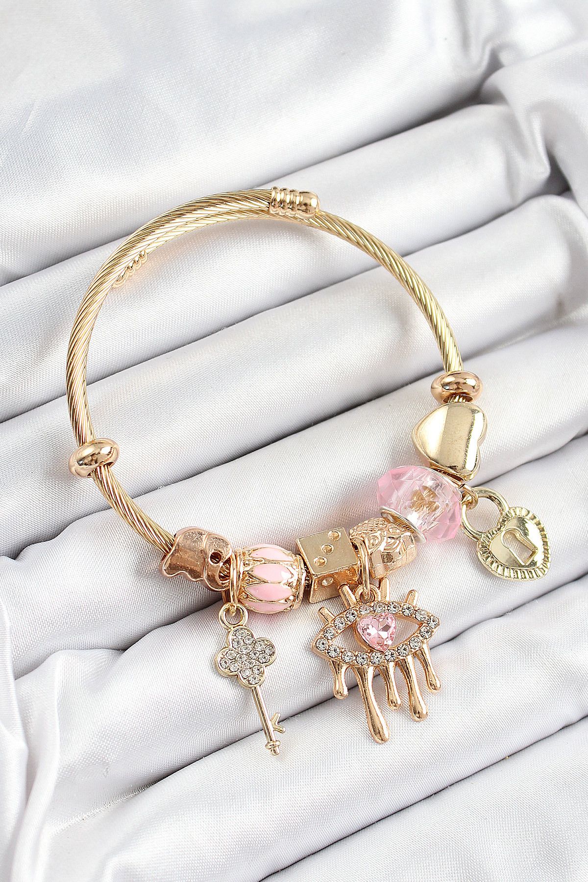 Clariss 316L Çelik Pembe Zirkon Taşlı Kilit Göz Ve Anahtar Model Gold Renk Charm Bileklik
