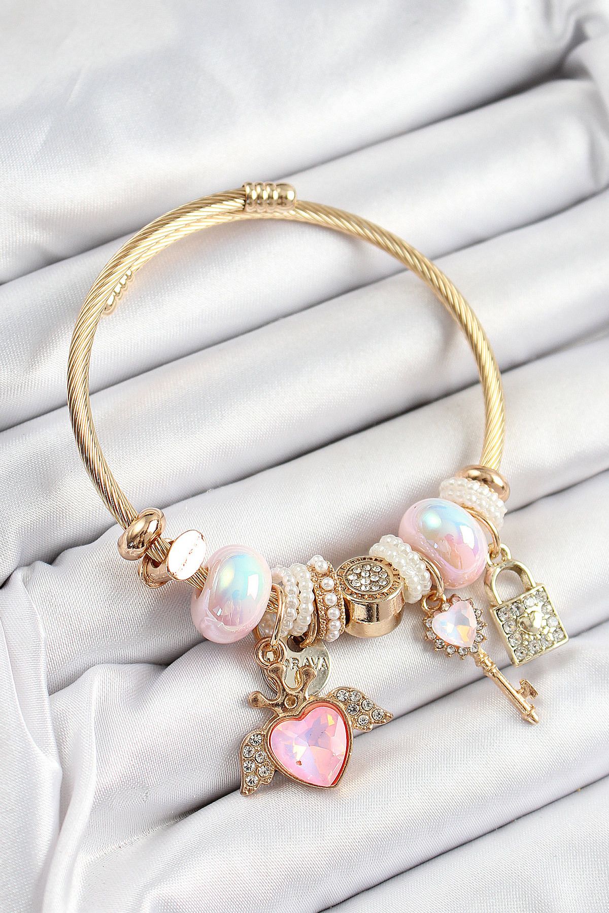 Clariss 316L Çelik Pembe Zirkon Taşlı Kilit Anahtar Ve Kalp Model Gold Renk Charm BileklikCharm Bileklik