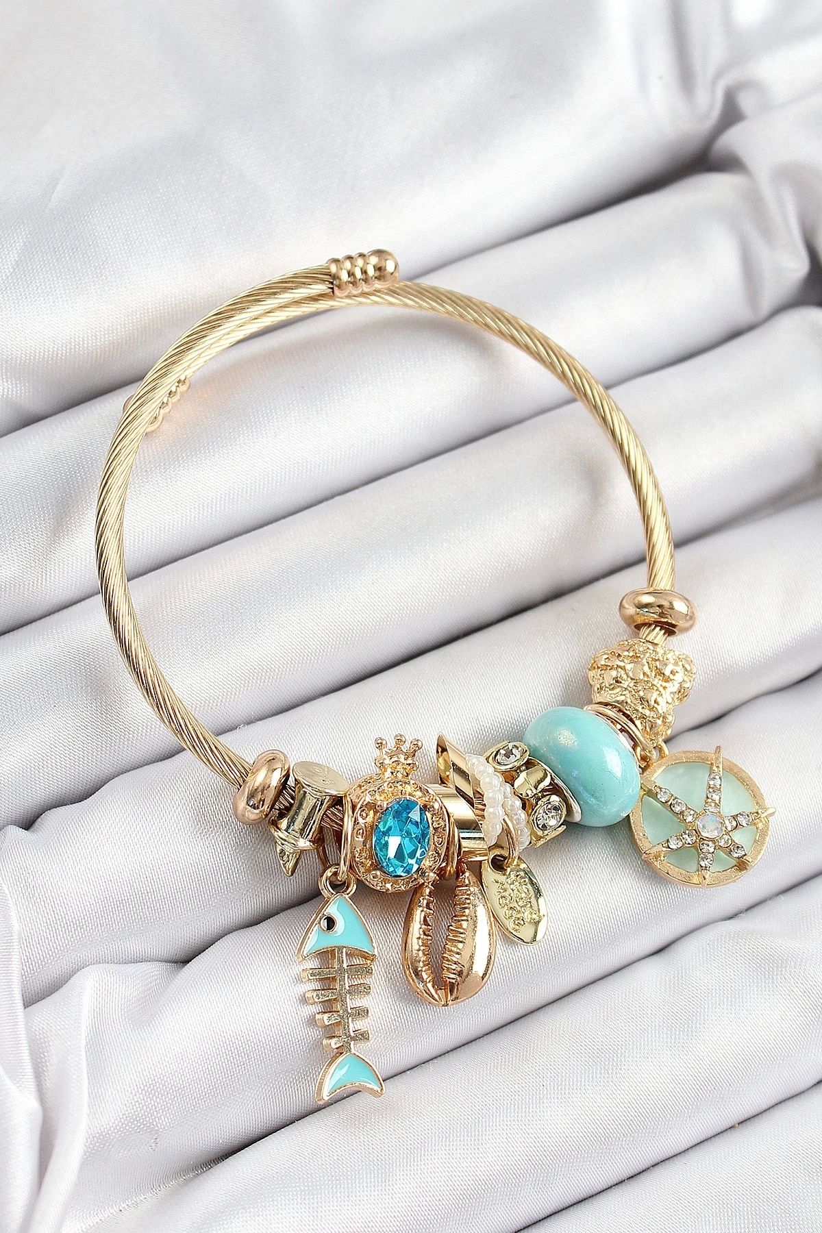 GLIMMERY 316L Çelik Mavi Zirkon Taşlı Balık Deniz Kabuğu Ve Deniz Yıldızı Model Gold Renk Charm Bileklik