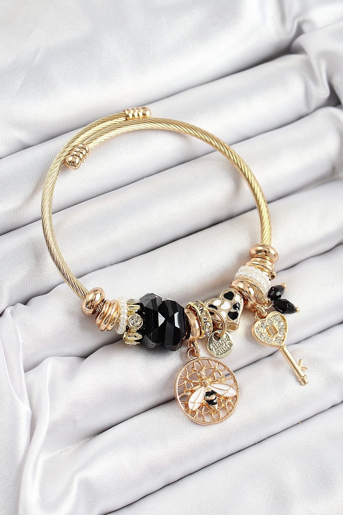 GLIMMERY 316L Çelik Siyah Zirkon Taşlı Baykuş Arı Ve Anahtar Model Gold Renk Charm Bileklik