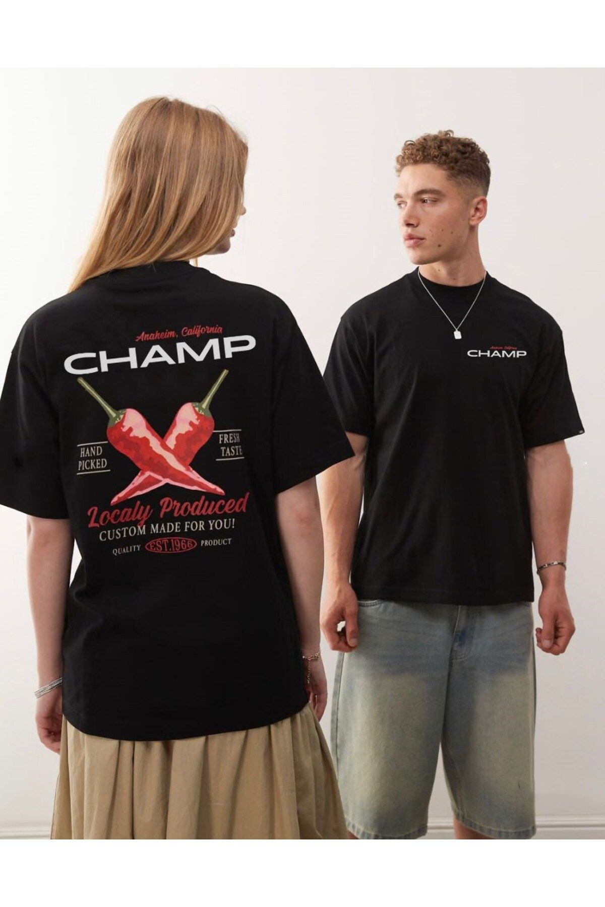 GIA - ART Unisex Siyah Oversize Champ Yazılı Arkası Biber Baskılı Tişört