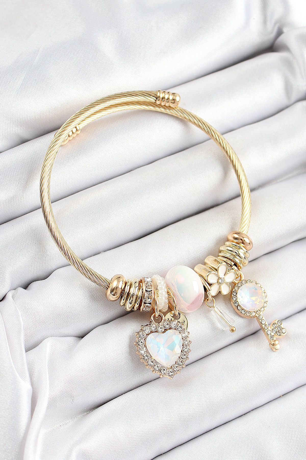 Clariss 316L Çelik Beyaz Zirkon Taşlı Anahtar Ve Kalp Model Gold Renk Charm Bileklik
