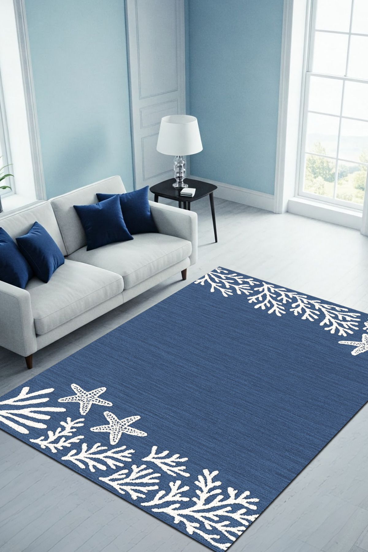 The Reef Design Mercan ve Denizyıldızı Desenli Halı Dijital Baskılı Dokuma Kaymaz Tabanlı Deniz Temalı Yazlık Halısı