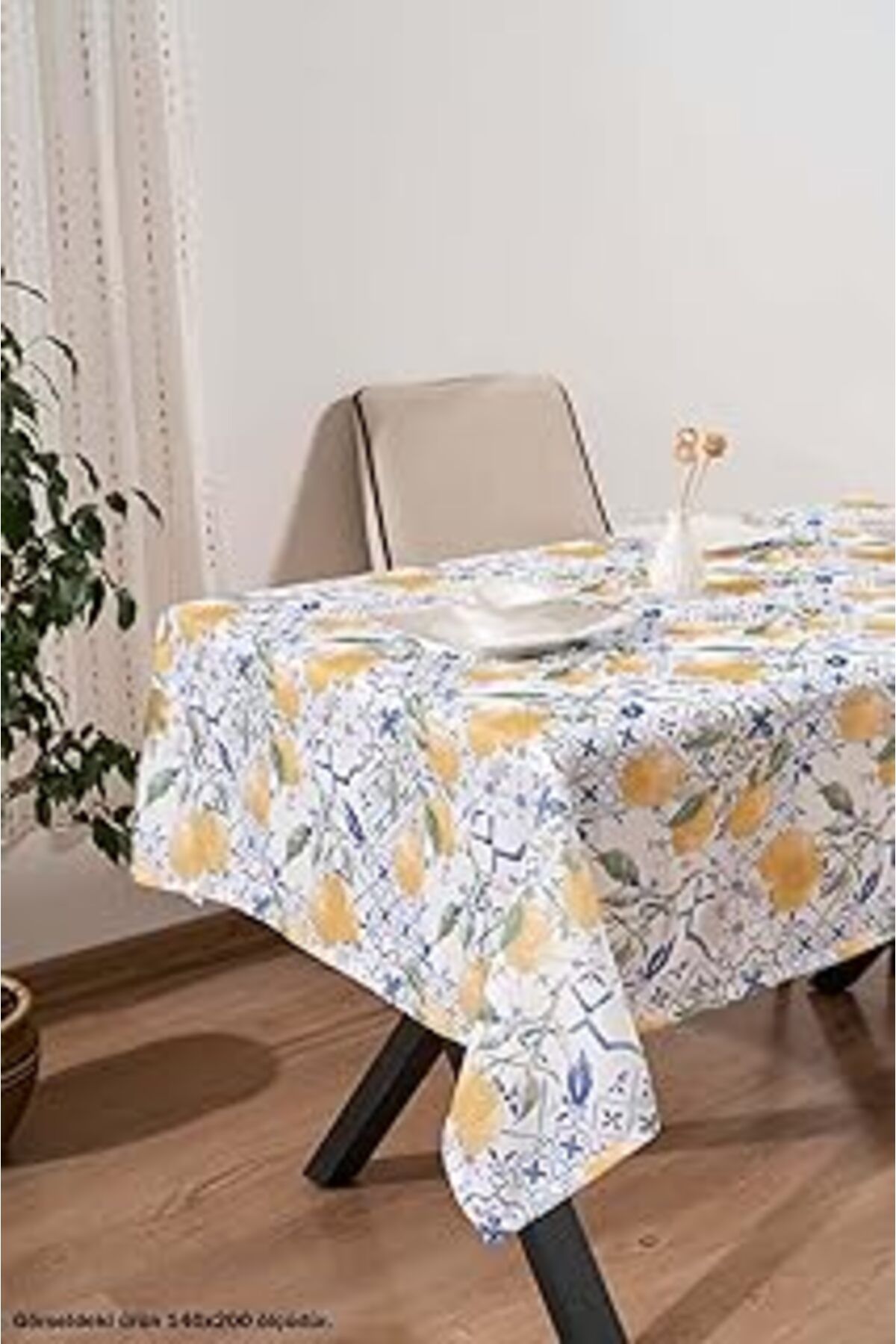 Karachil Rivaistanbul Çini Limon Desenli Masa Örtüsü, Sofra Bezi, Piknik Örtüsü Mavi-Sarı 140 X 200 Riva0011