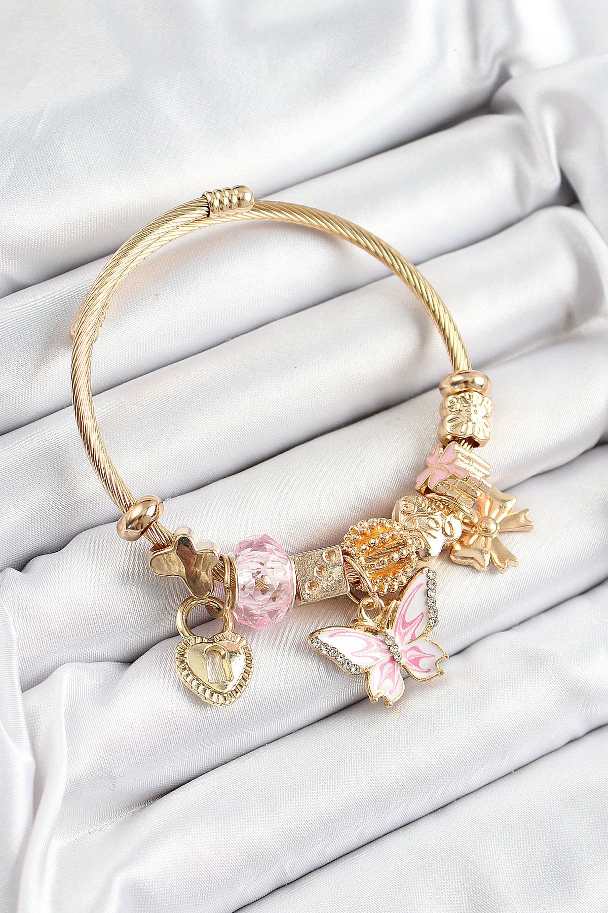 Clariss 316L Çelik Pembe Zirkon Taşlı Kelebek Fiyonk Ve Kilit Model Gold Renk Charm Bileklik