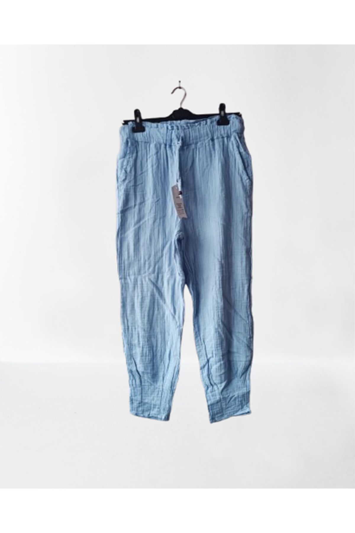 Namaste Vintage Mavi renk beli bağcıklı cepli müslin pantolon (%100 Pamuk)