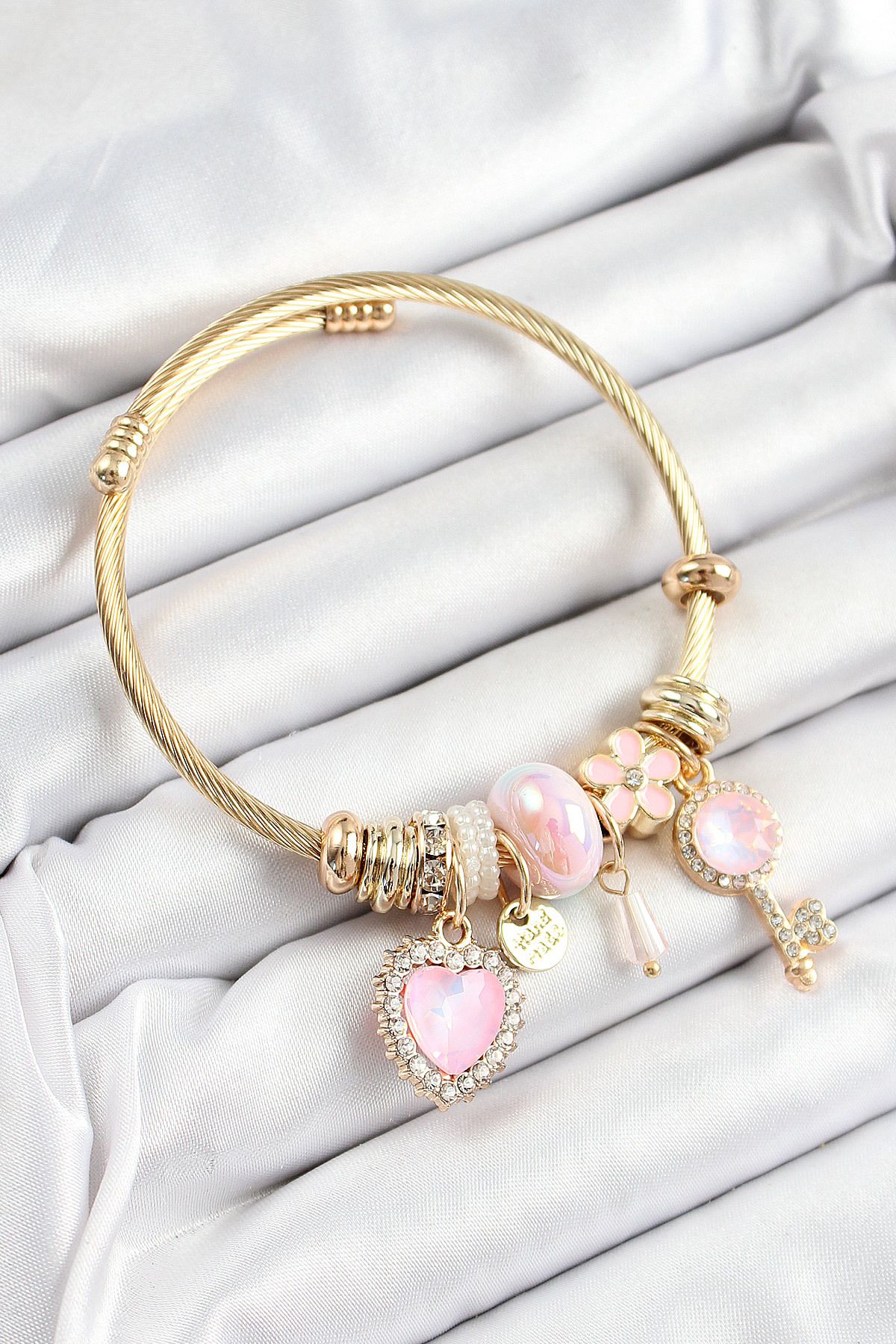 Clariss 316L Çelik Pembe Zirkon Taşlı Anahtar Ve Kalp Model Gold Renk Charm Bileklik