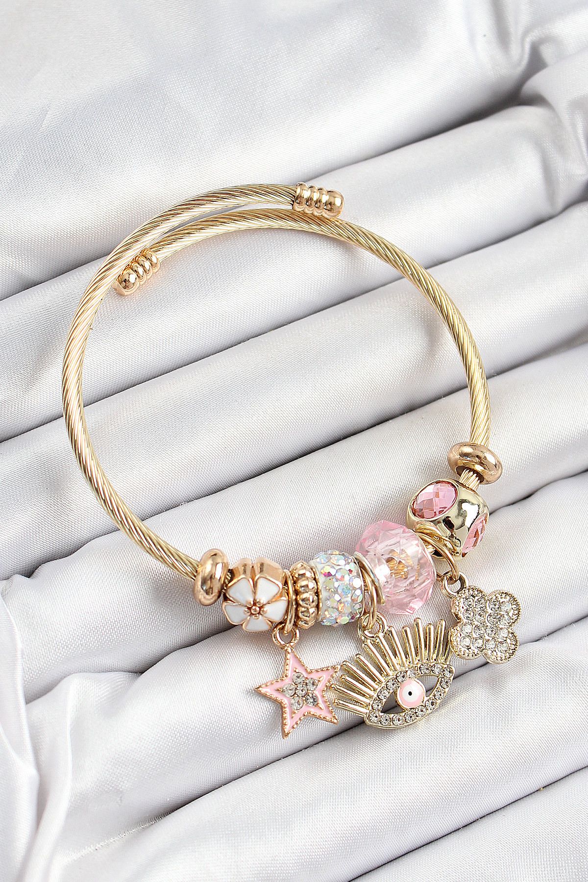 Clariss 316L Çelik Pembe Zirkon Taşlı Yıldız Göz Ve Yonca Model Gold Renk Charm Bileklik