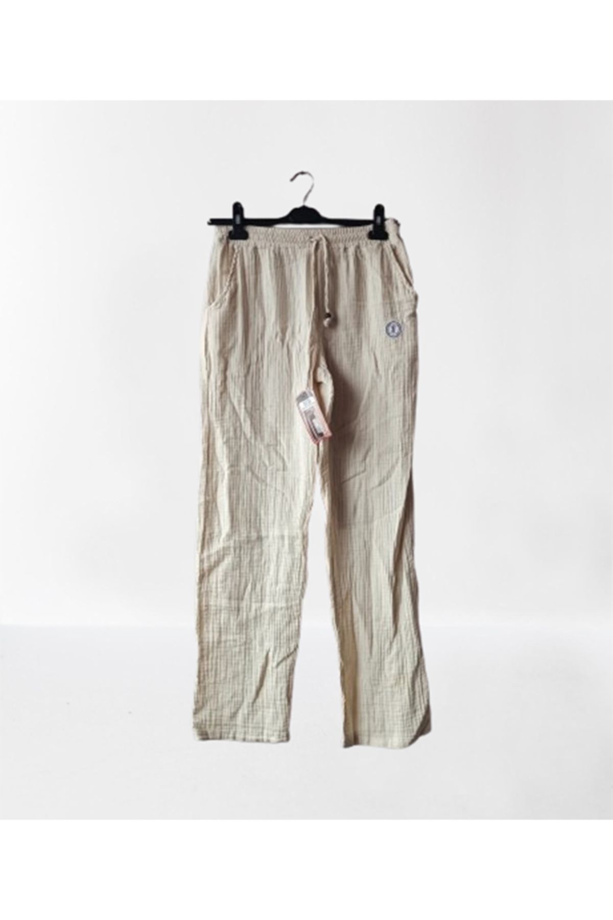 Namaste Vintage Krem renk beli bağcıklı cepli uzun paça müslin pantolon (%100 Pamuk)
