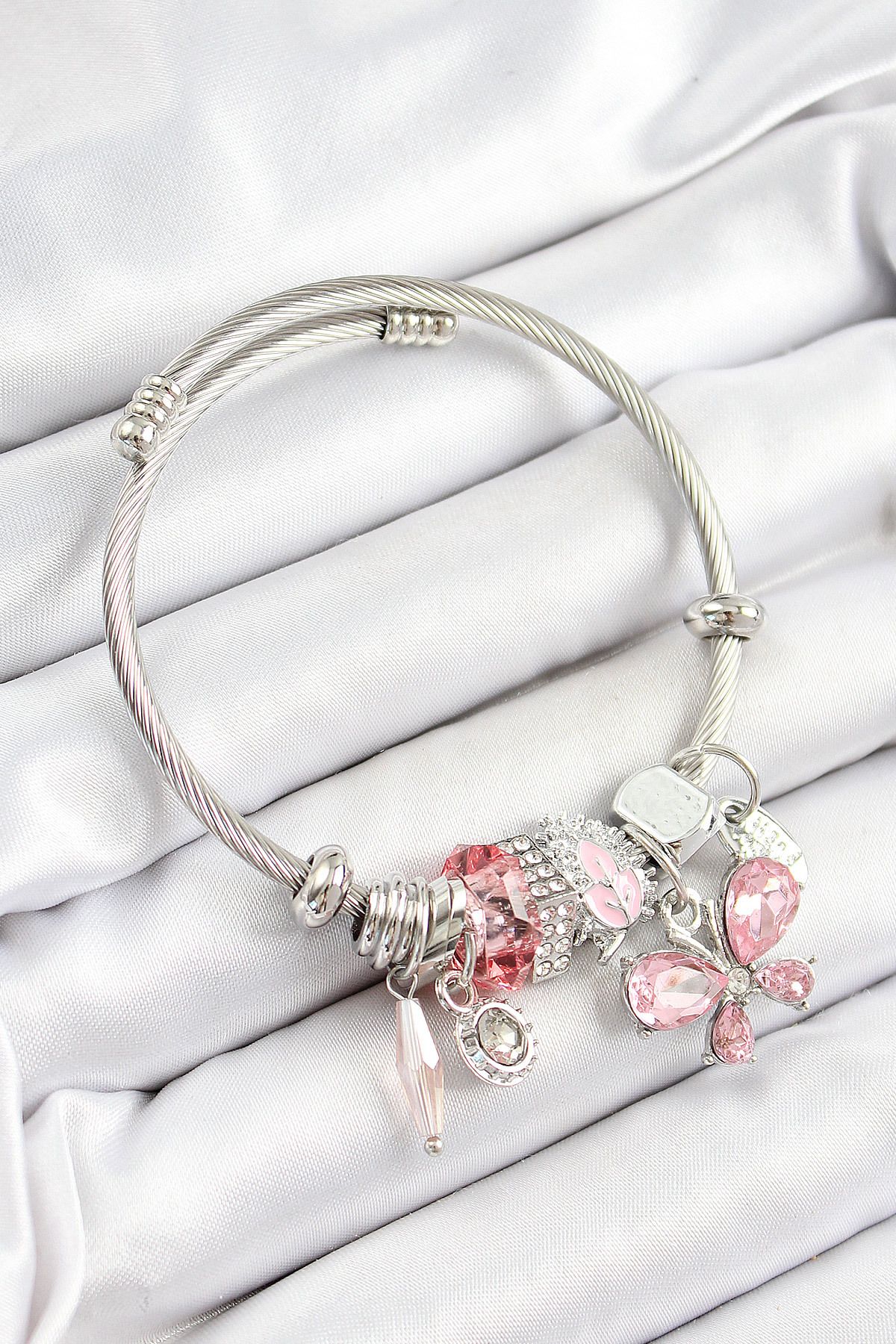 Clariss 316L Çelik Pembe Zirkon Taşlı Kelebek Model Gümüş Renk Charm Bileklik