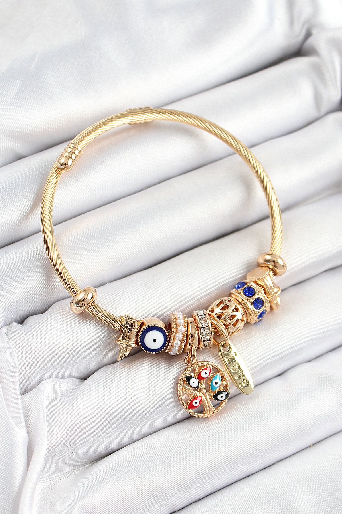 Clariss 316L Çelik Lacivert Nazarlı Zirkon Taşlı İnci Detaylı Hayat Ağacı Model Gold Renk Charm Bileklik