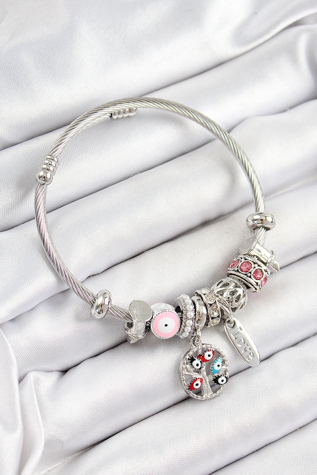 Clariss 316L Çelik Pembe Nazarlı Zirkon Taşlı İnci Detaylı Hayat Ağacı Model Gümüş Renk Charm Bileklik
