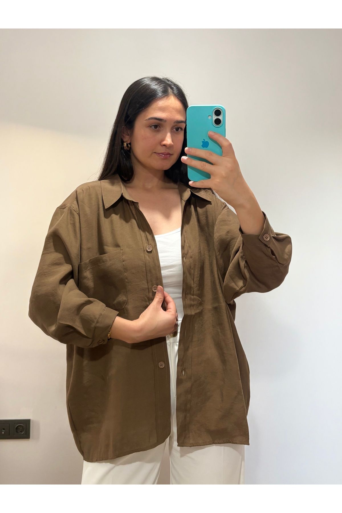 fikoşş Kadın Oversize Düşük Omuz Kahverengi Gömlek