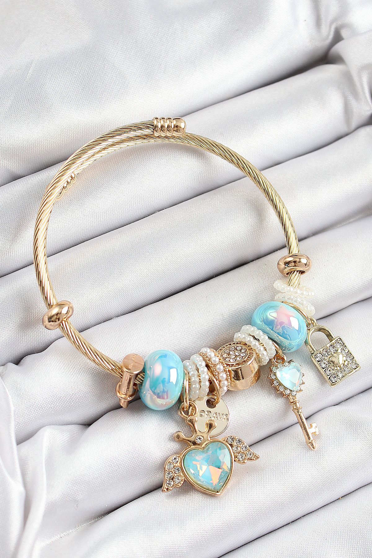 Clariss 316L Çelik Mavi Zirkon Taşlı Kilit Anahtar Ve Kalp Model Gold Renk Charm BileklikCharm Bileklik