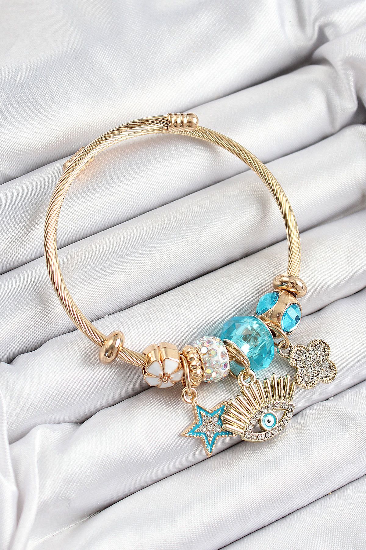 Clariss 316L Çelik Mavi Zirkon Taşlı Yıldız Göz Ve Yonca Model Gold Renk Charm Bileklik