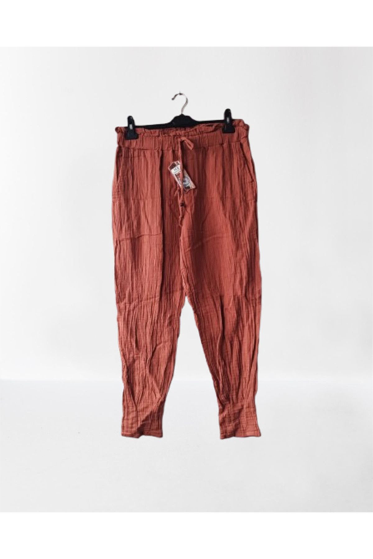 Namaste Vintage Taba renk beli bağcıklı cepli müslin pantolon (%100 Pamuk)