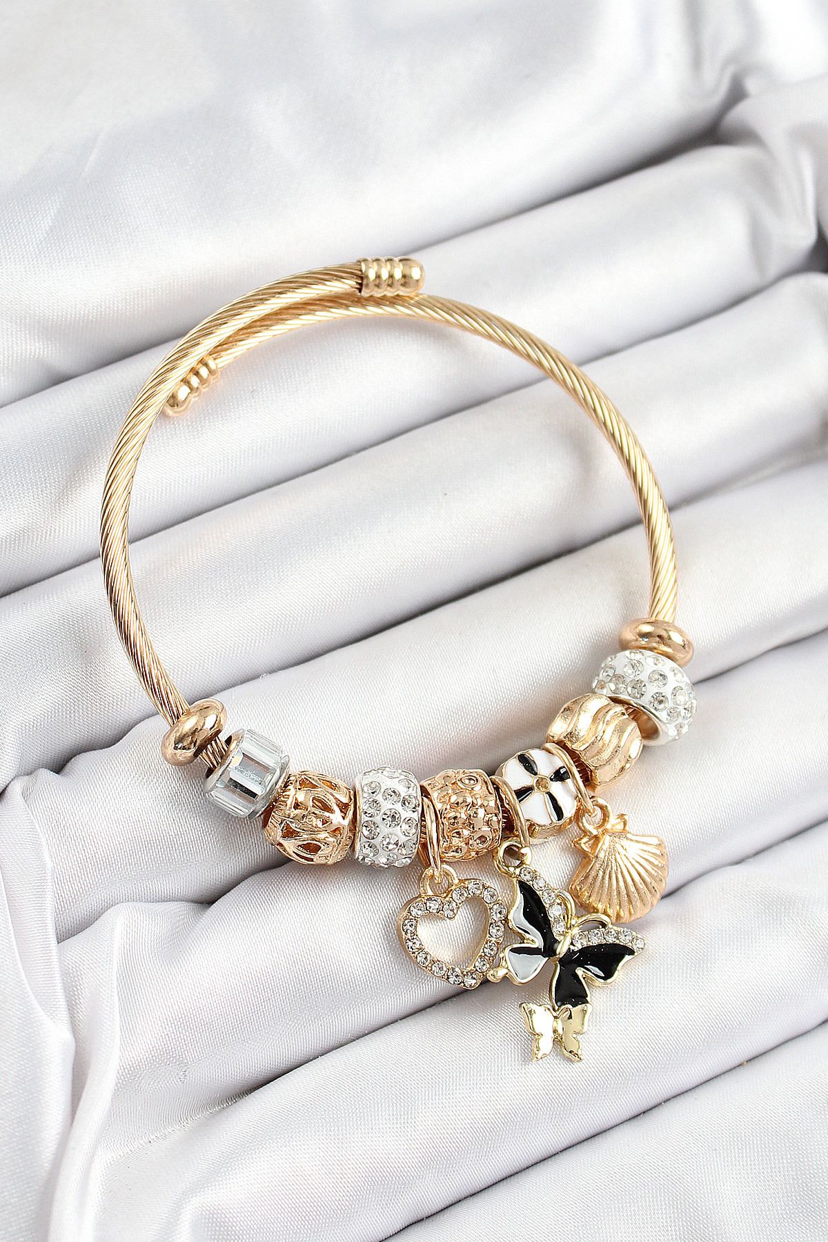 Clariss 316L Çelik Siyah Zirkon Taşlı Kalp Kelebek Ve İstiridye Model Gold Renk Charm Bileklik