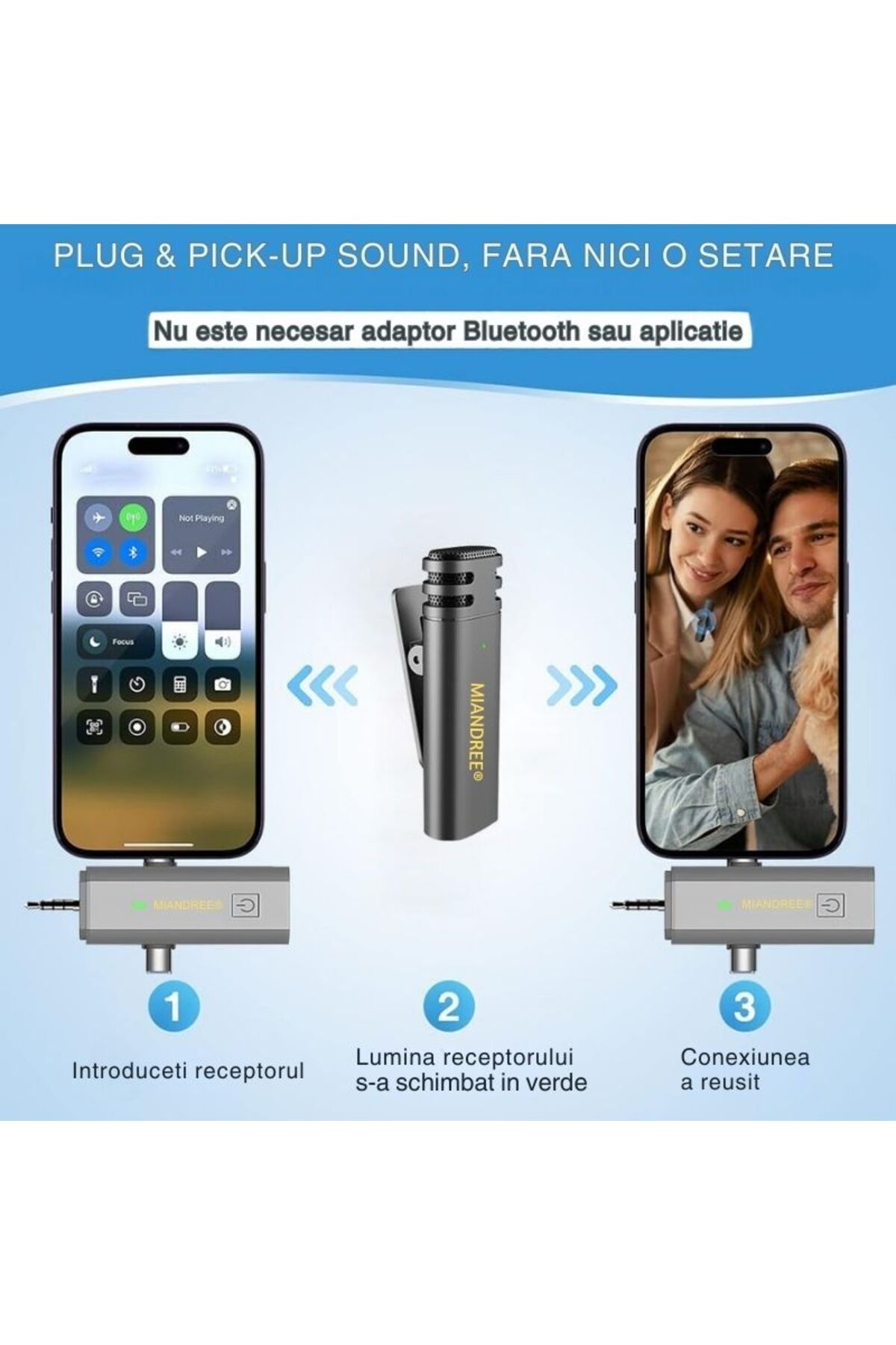 MIANDREE-Set 2 Microfoane Profesionale Lavaliera, MIANDREE®, USB C, 3.5 Jack, Lightning, WiFi, 2.4 GHz 5