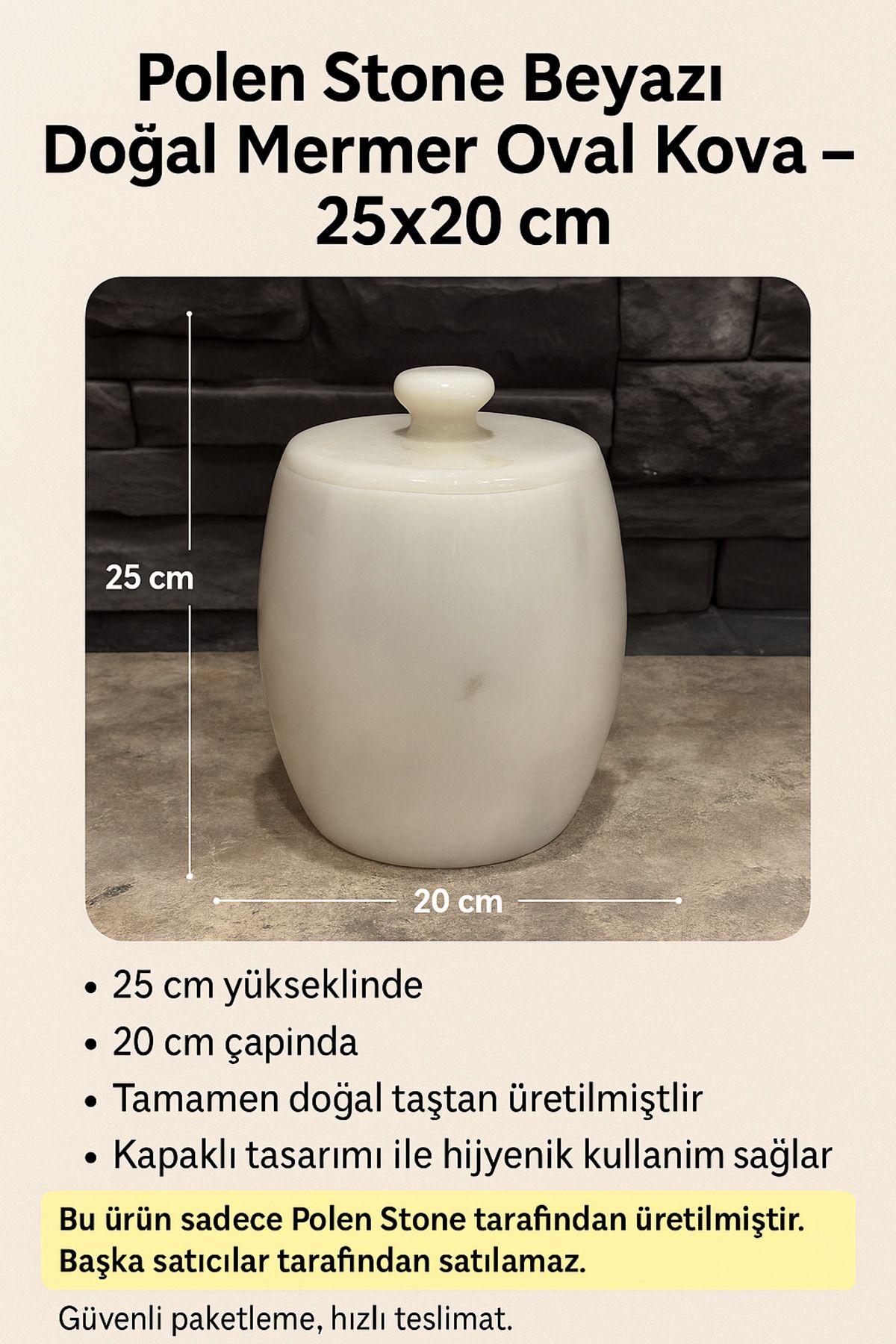 Polen Stone Beyazı Doğal Mermer Oval Kova – 25x20 cm